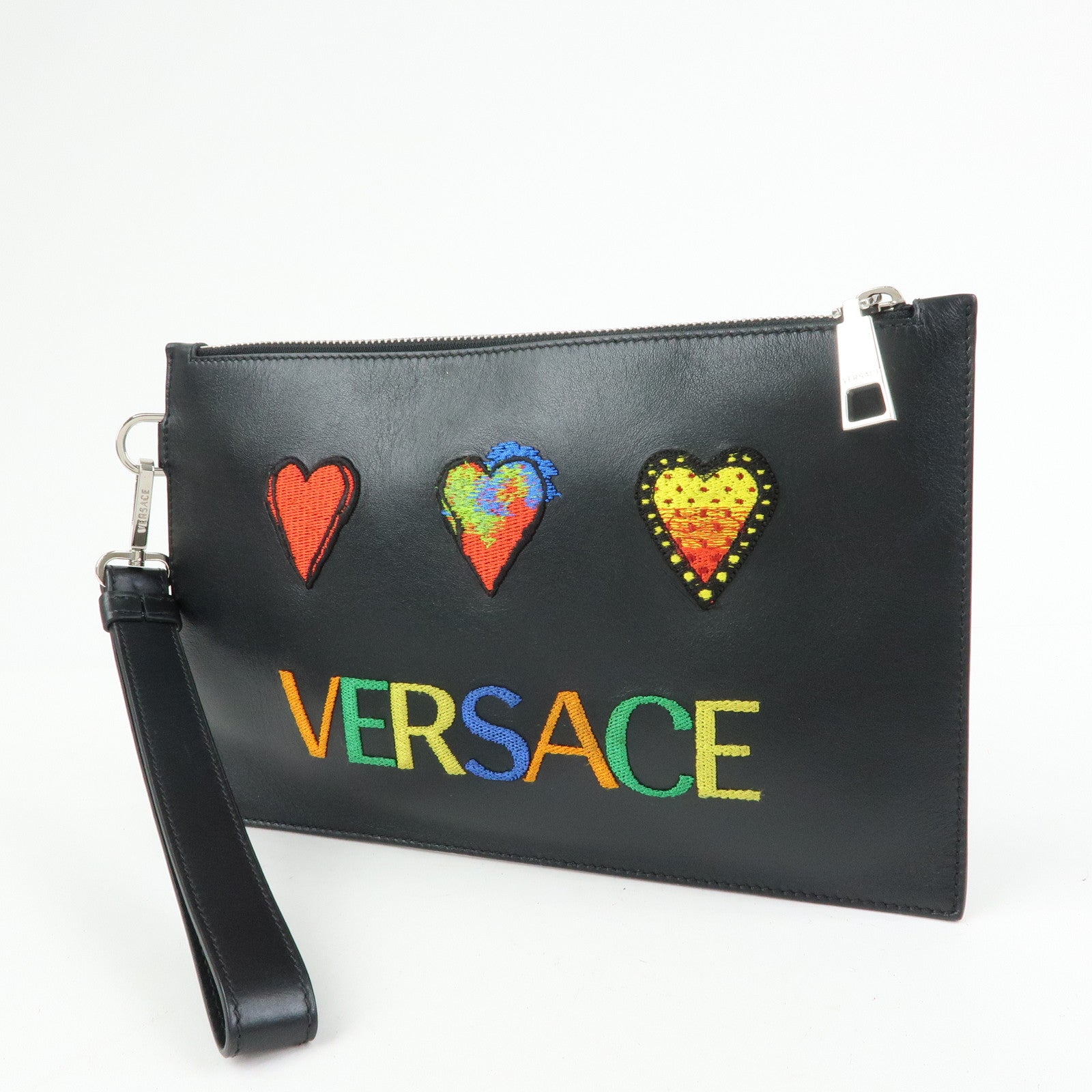 VERSACE Logo Leather Heart Wrist Bag Clutch Bag Black Multicolor