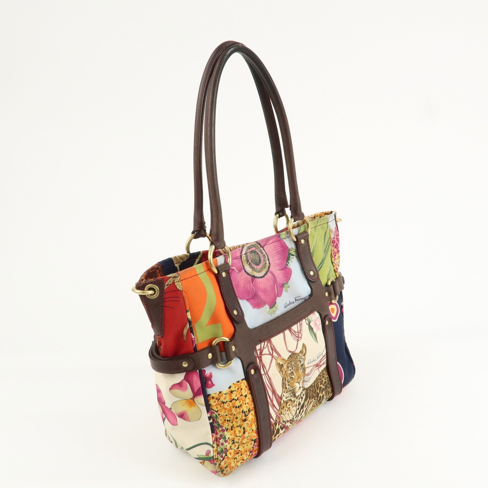 Ferragamo Gancini Leather Nylon Shoulder Bag Tote Bag Multicolor