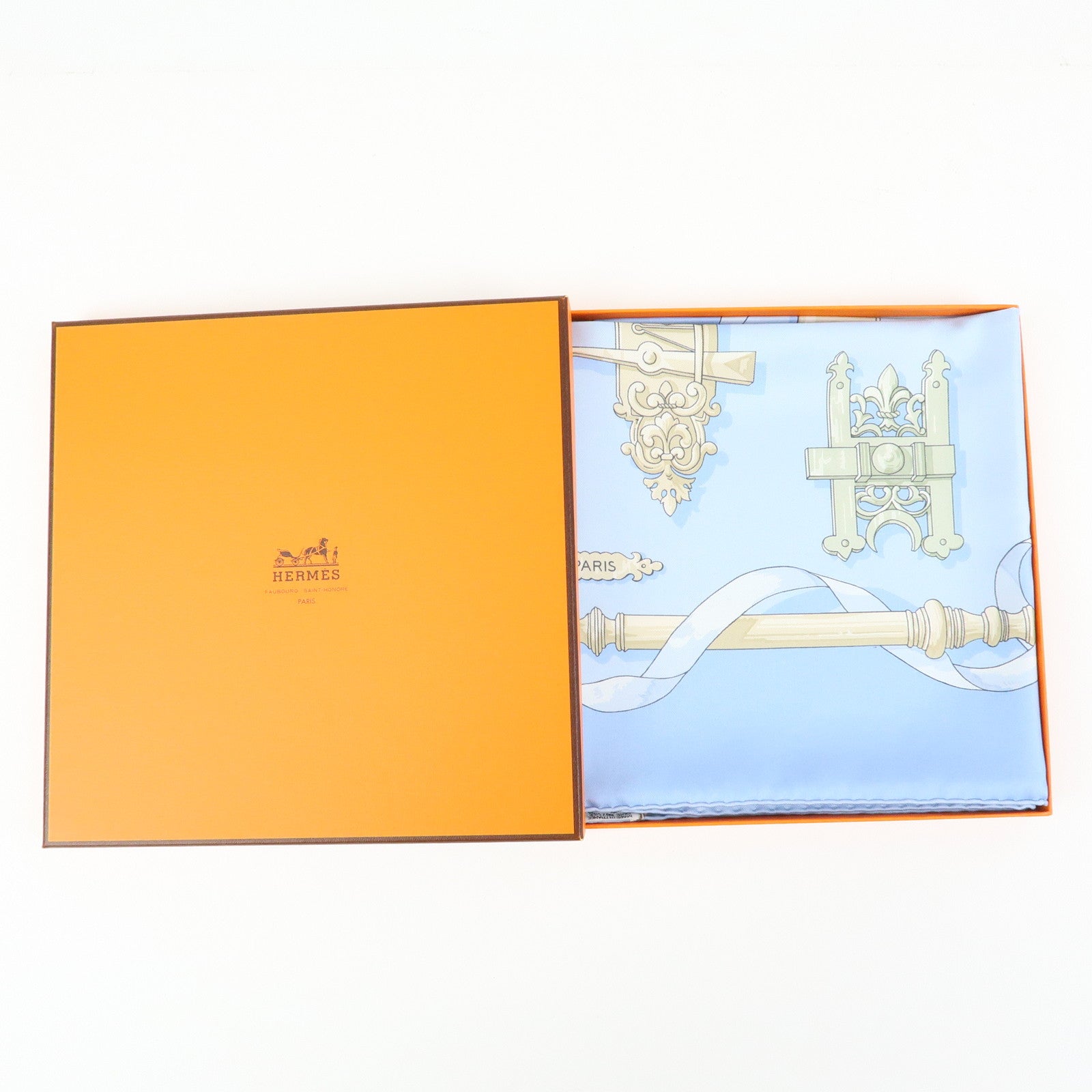 HERMES Carre 90 Silk 100% Scarf Ferronnerie Light Blue