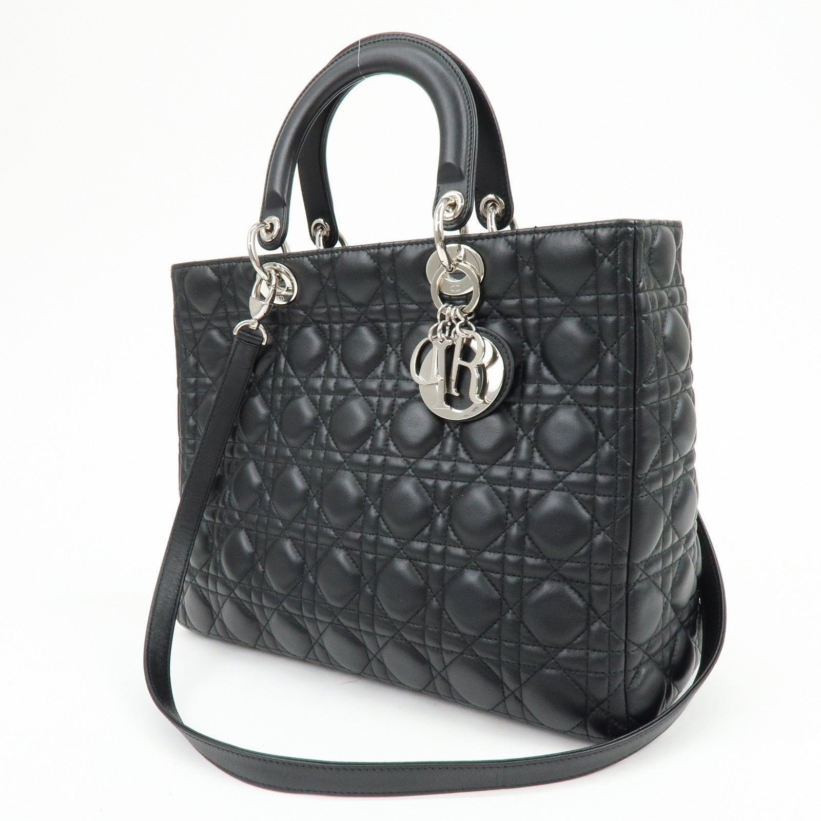 Christian Dior Cannage Large Lamb Skin 2Way Bag Hand Bag Black
