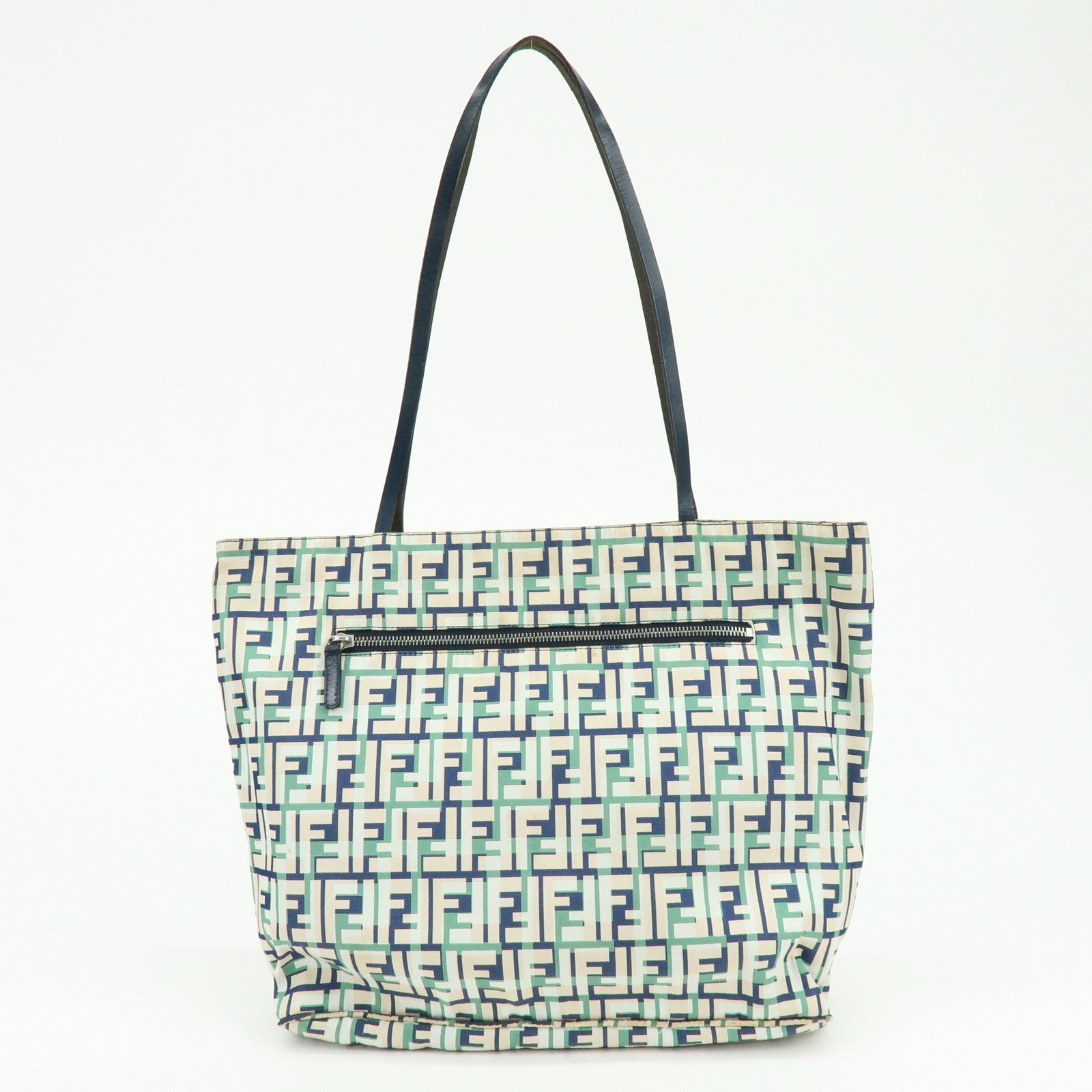 FENDI Zucca Nylon Leather Tote Bag Shoulder Bag Navy Green
