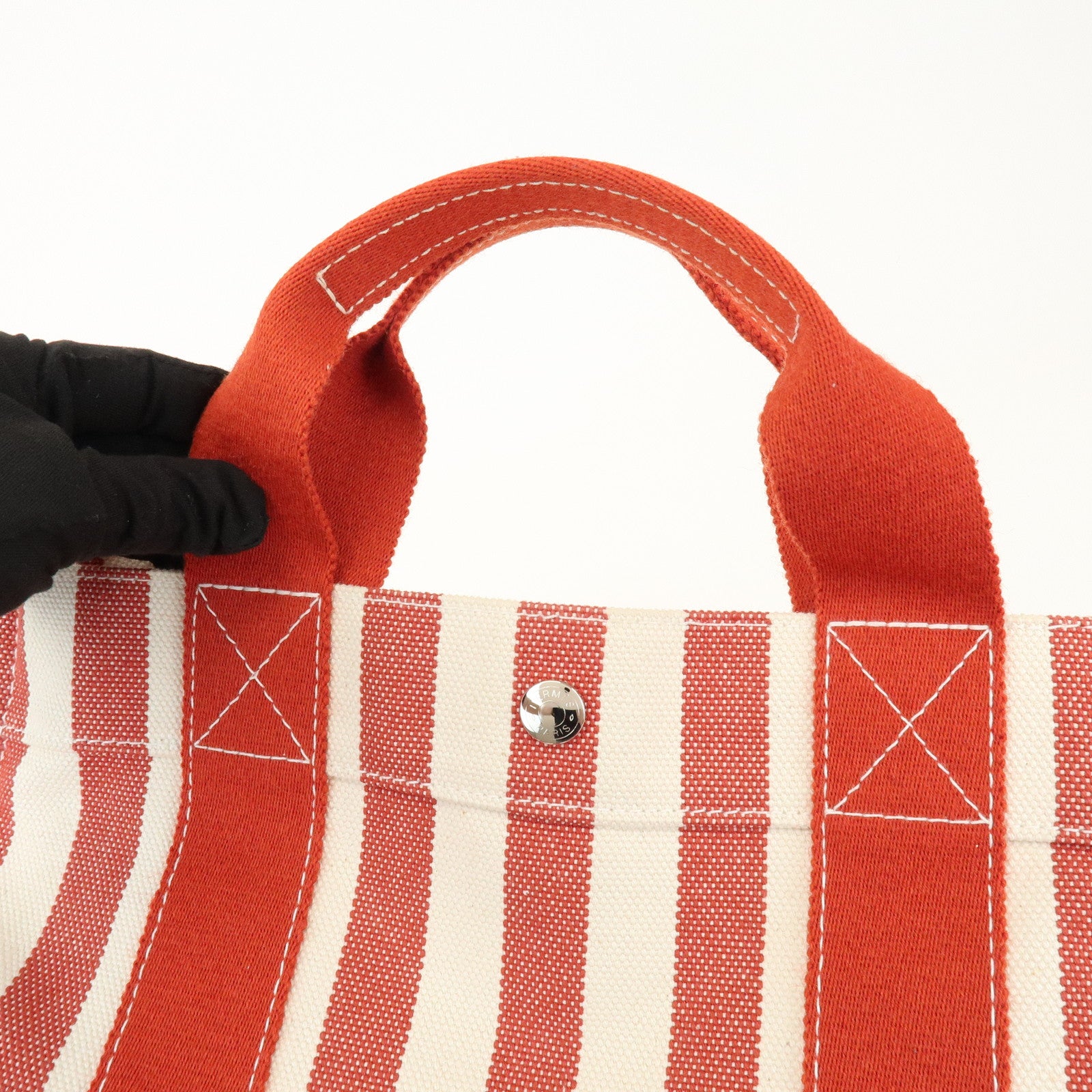 HERMES Canvas Cannes PM Tote Bag Hand Bag Red White