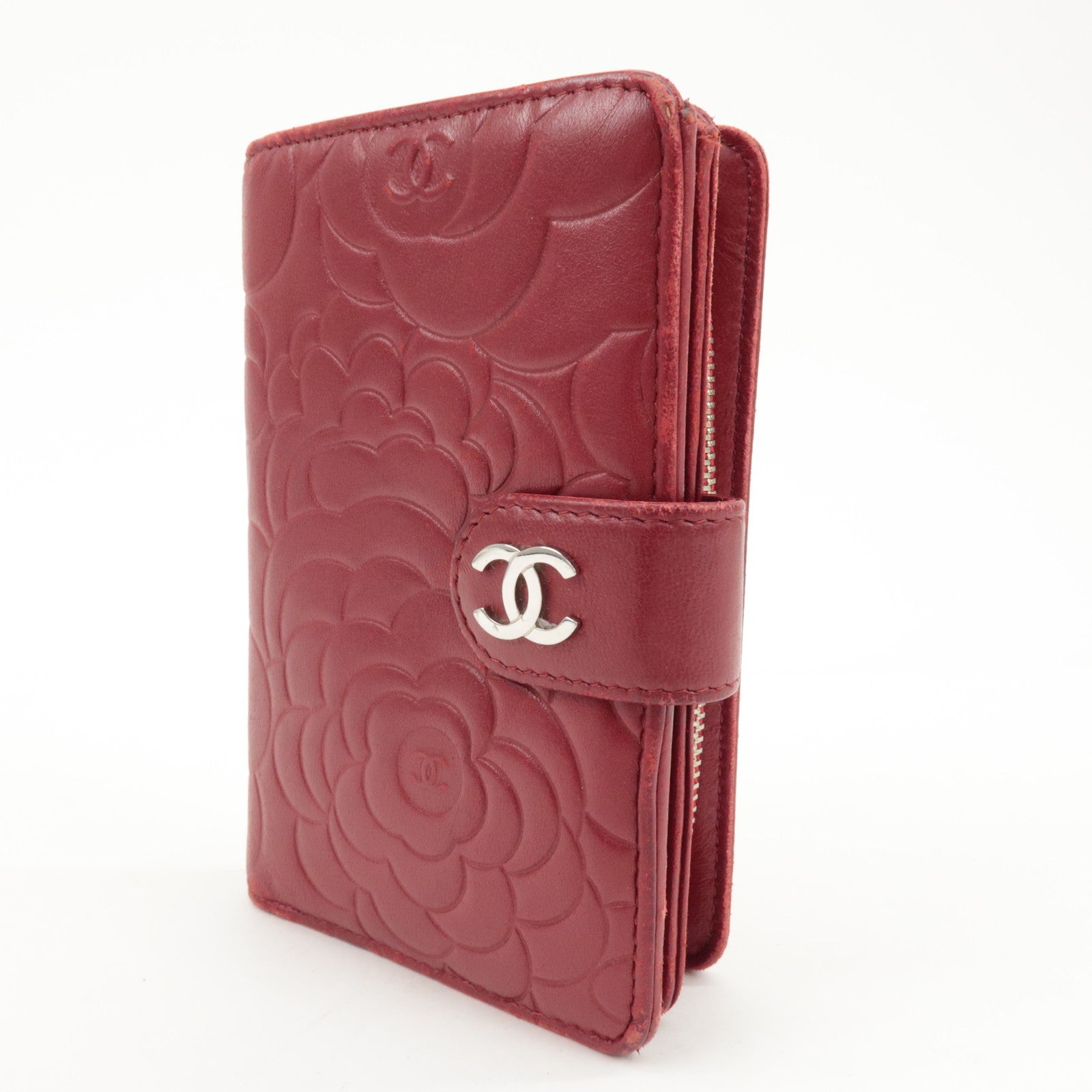 CHANEL COCO Mark Camelia Leather Bi-fold Wallet Red A50087 Used