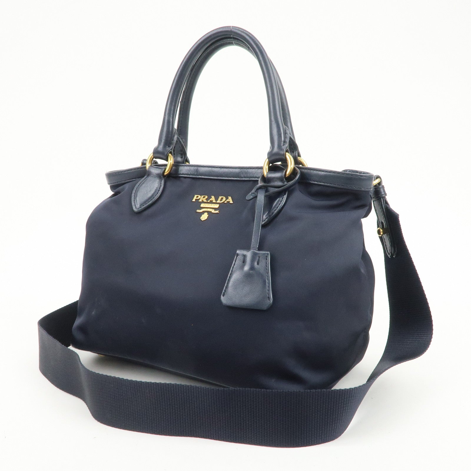 PRADA Logo Nylon 2Way Bag Hand Bag Shoulder Bag Navy 1BA172