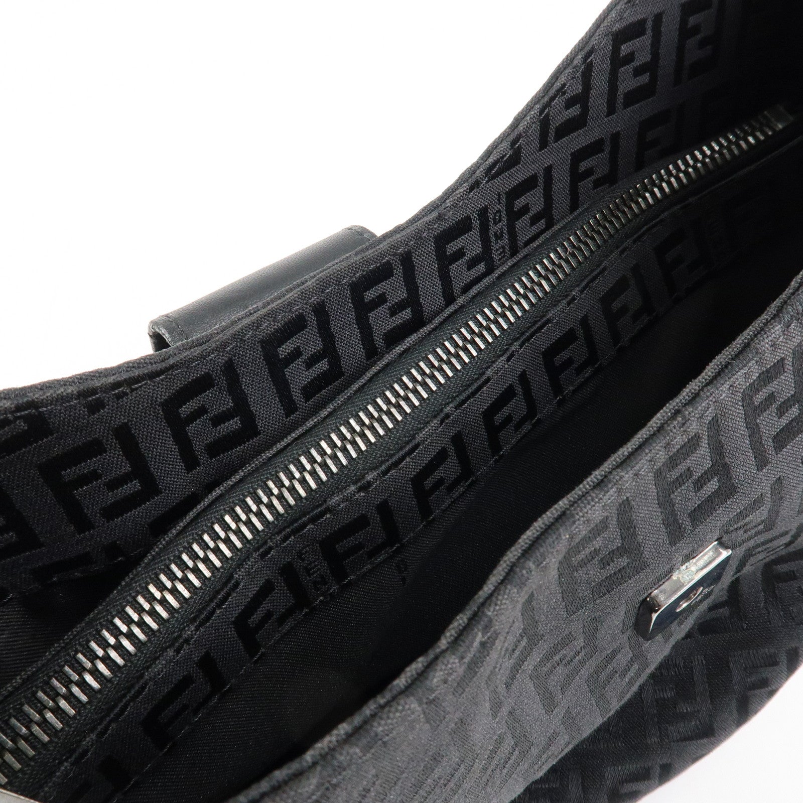 FENDI Zucchino Leather Canvas Shoulder Bag Black Used