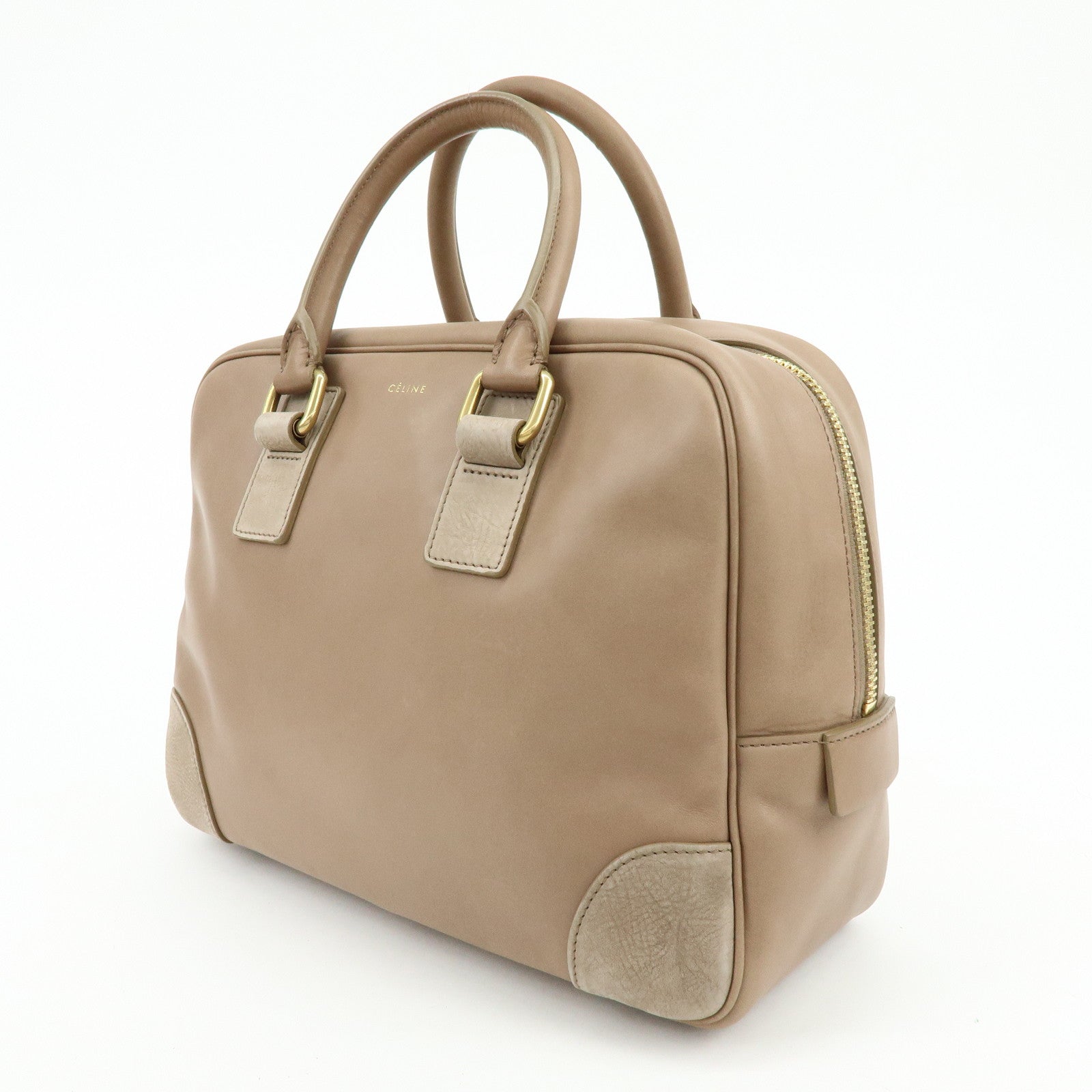 CELINE Leather Suede Hand Bag Boston Bag Beige
