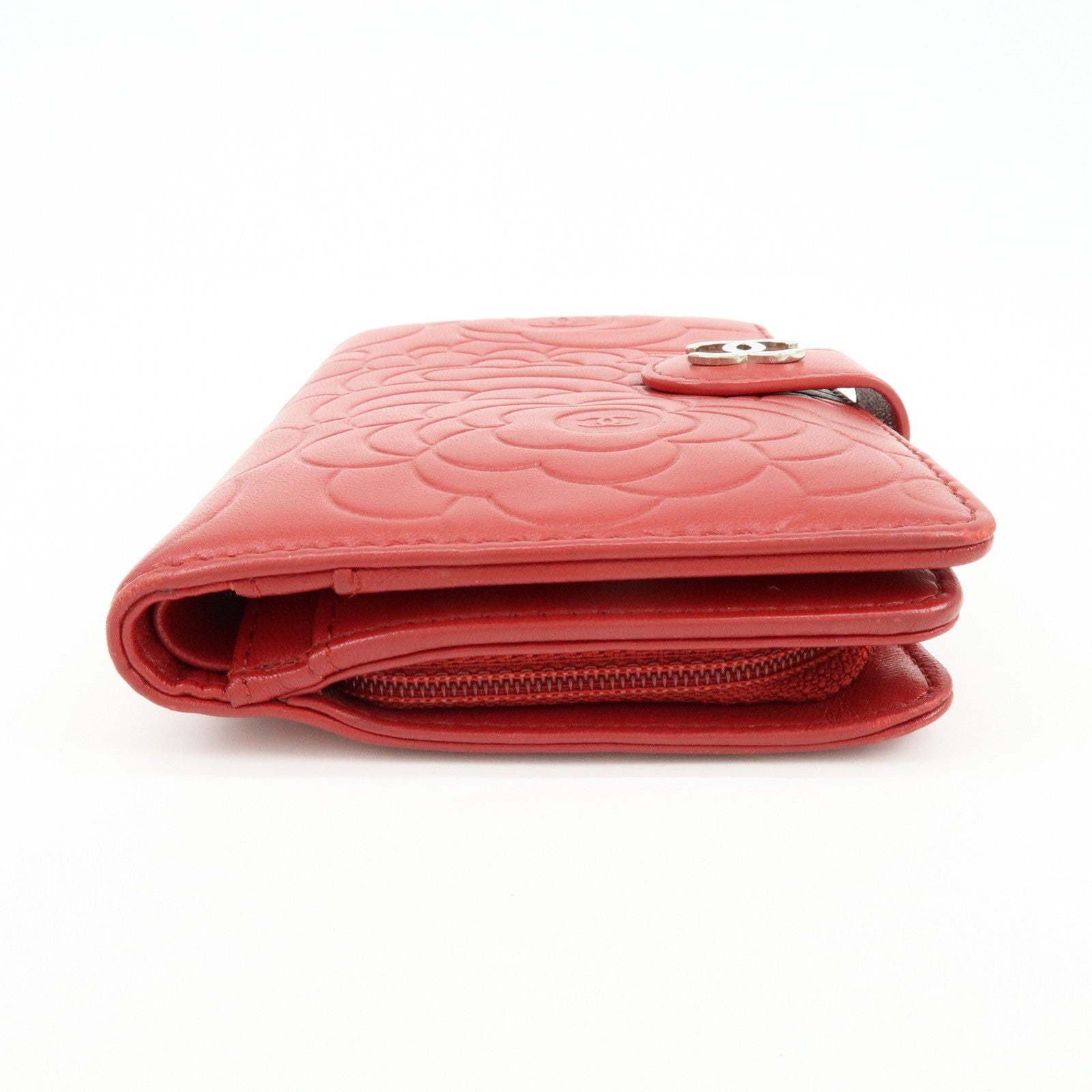 CHANEL Camellia COCO Mark Lamb Skin Bi-fold Compact Wallet Red