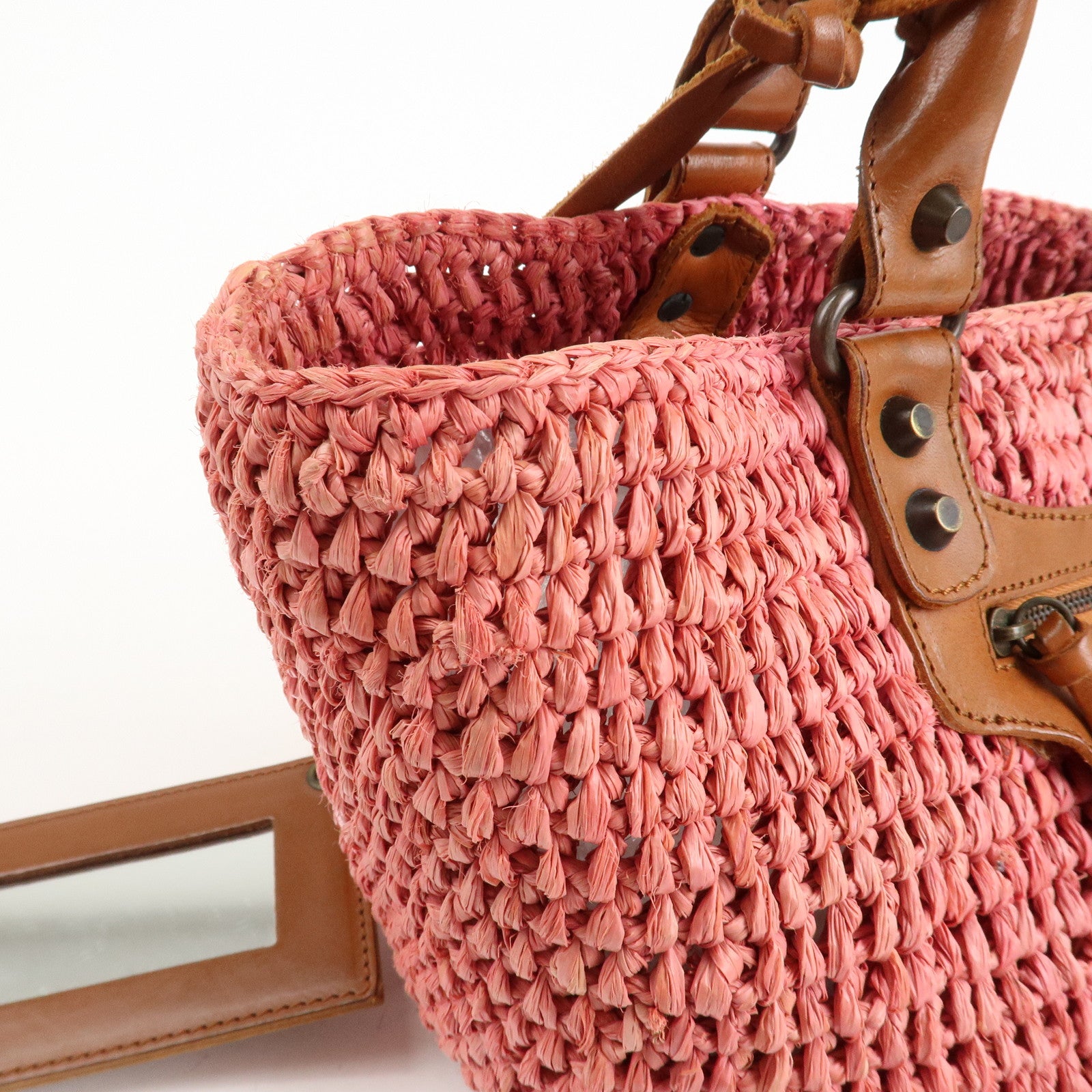 BALENCIAGA Straw Tote Bag Shoulder Bag Brown Pink 236741 Used