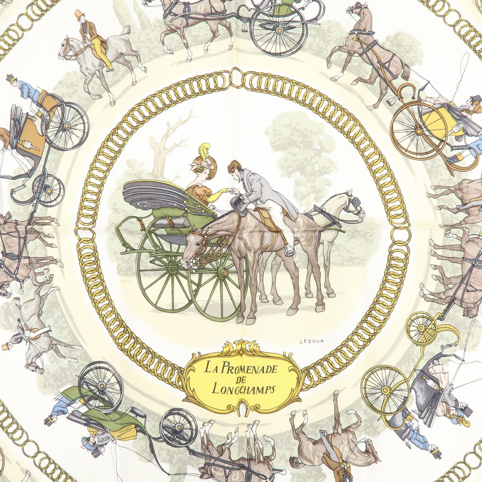 HERMES Carre 90 Silk 100% Scarf LA PROMENADE DE LONGCHAMPS