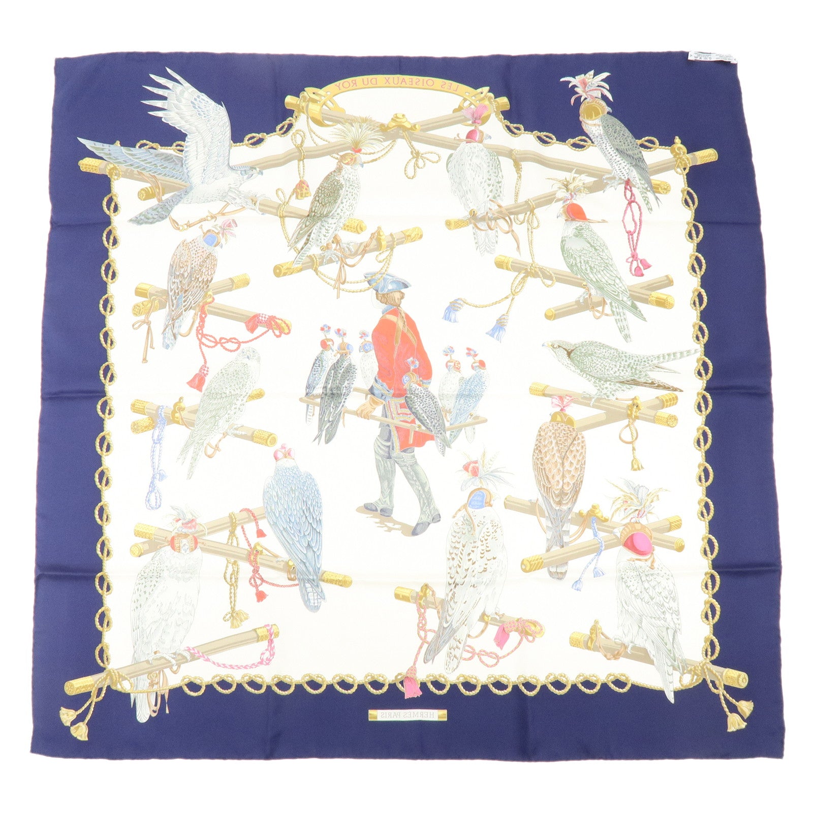HERMES Carre 90 Silk 100% Scarf LES OISEAUX DU ROY Bird Print Navy