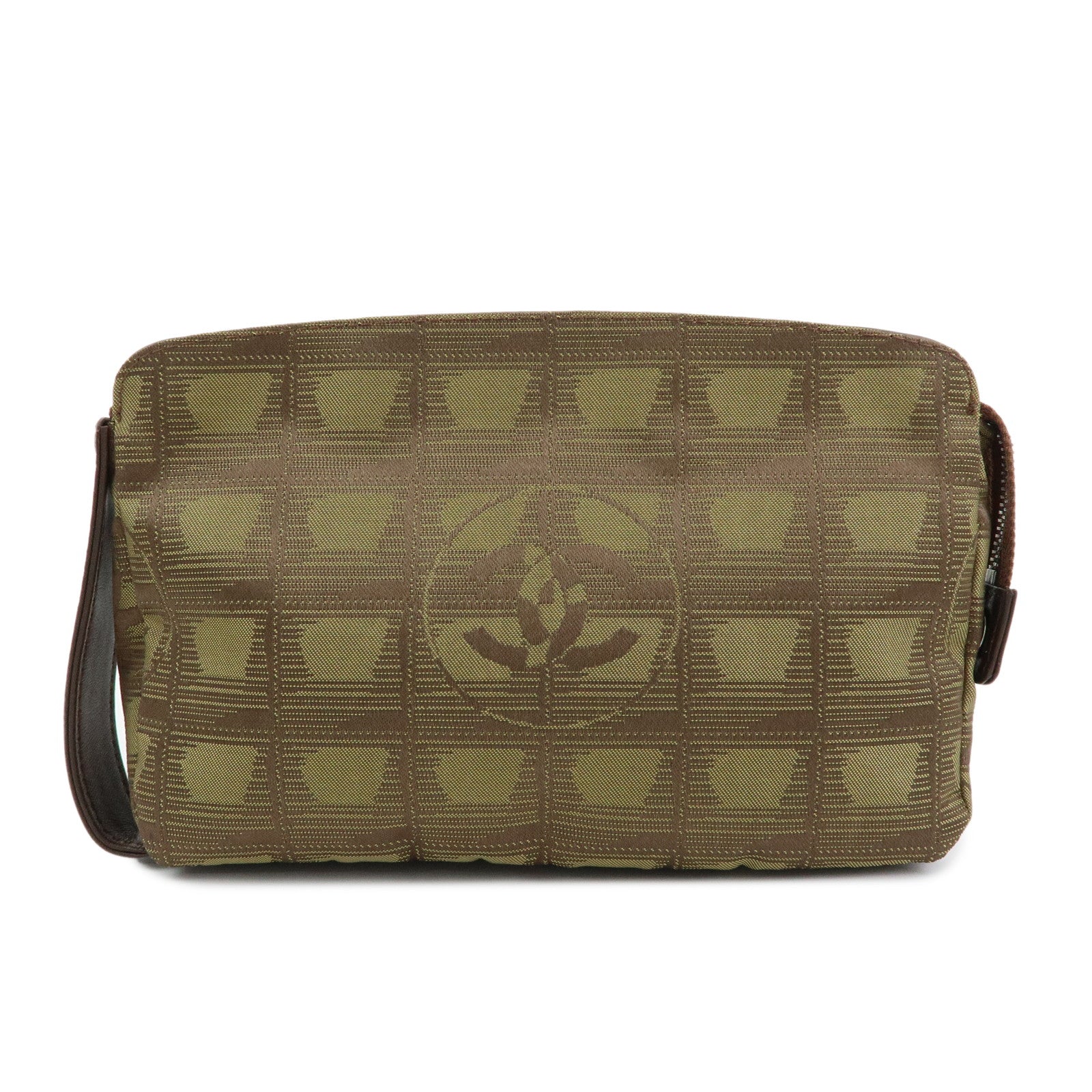 CHANEL New Travel Line Nylon Jacquard Leather Cosmetic Pouch Khaki