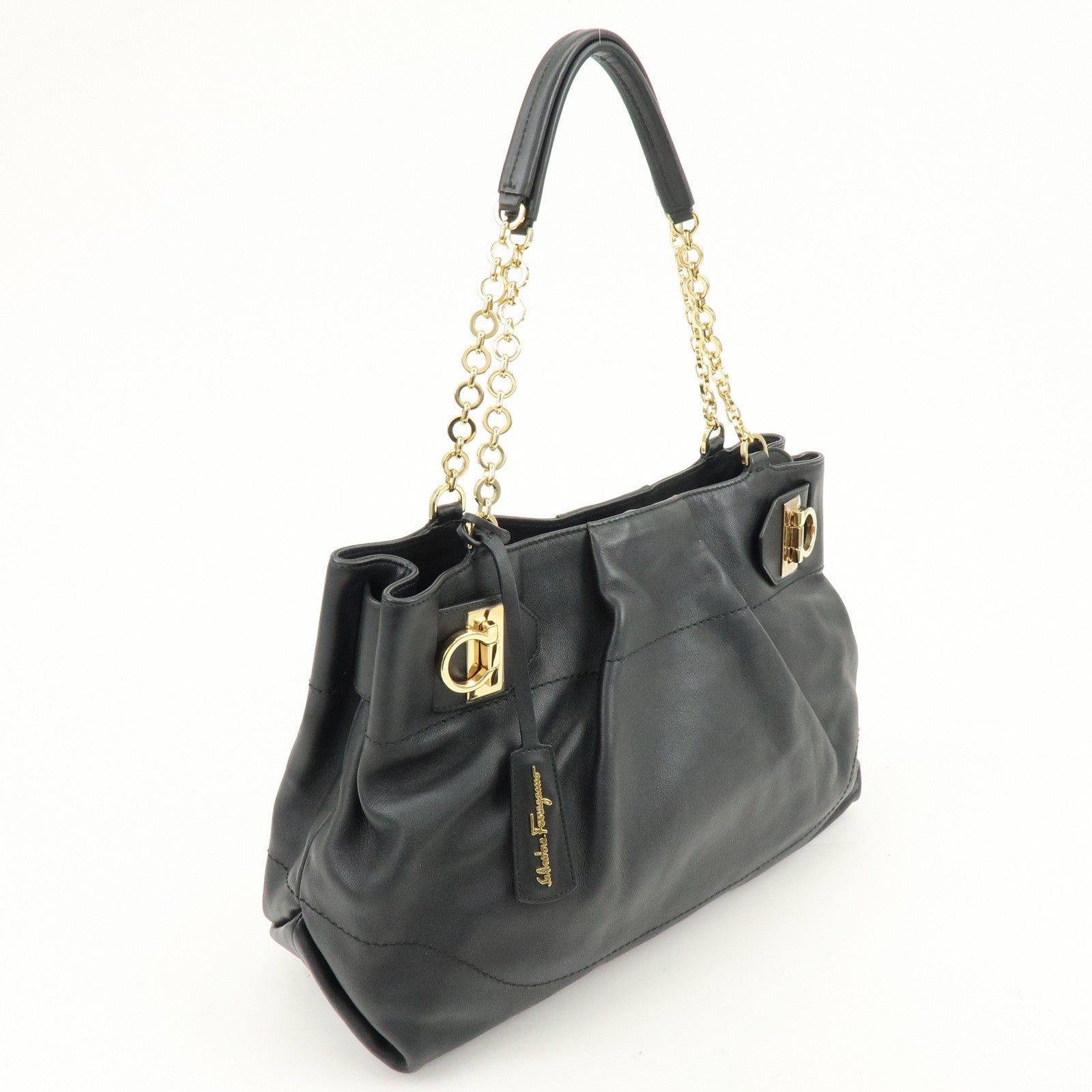 Ferragamo Gancini Leather Tote Bag Hand Bag Shoulder Bag Black