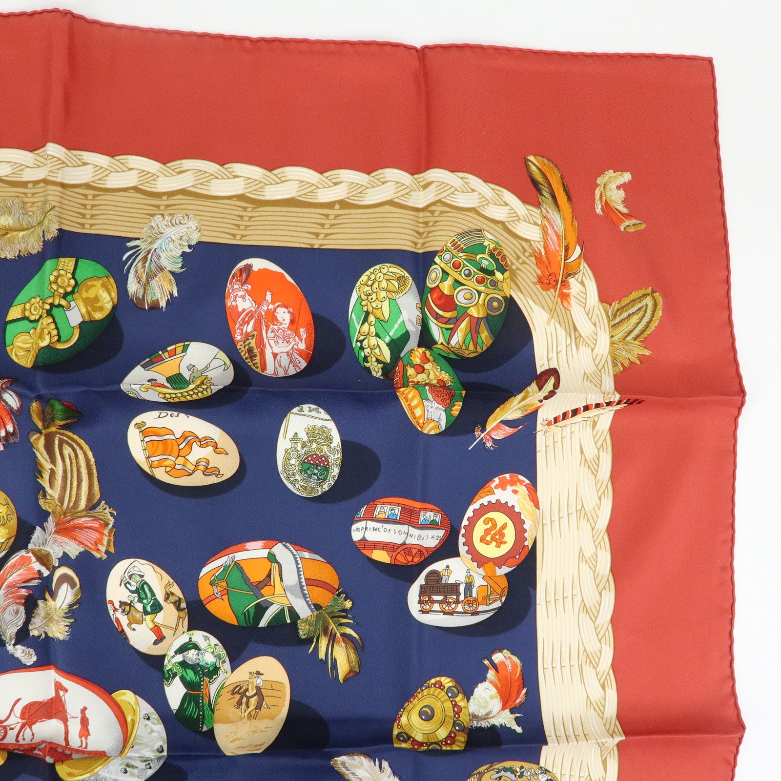 HERMES Carre 90 Silk 100% Scarf COUVEE D HERMES Egg Print Navy Red