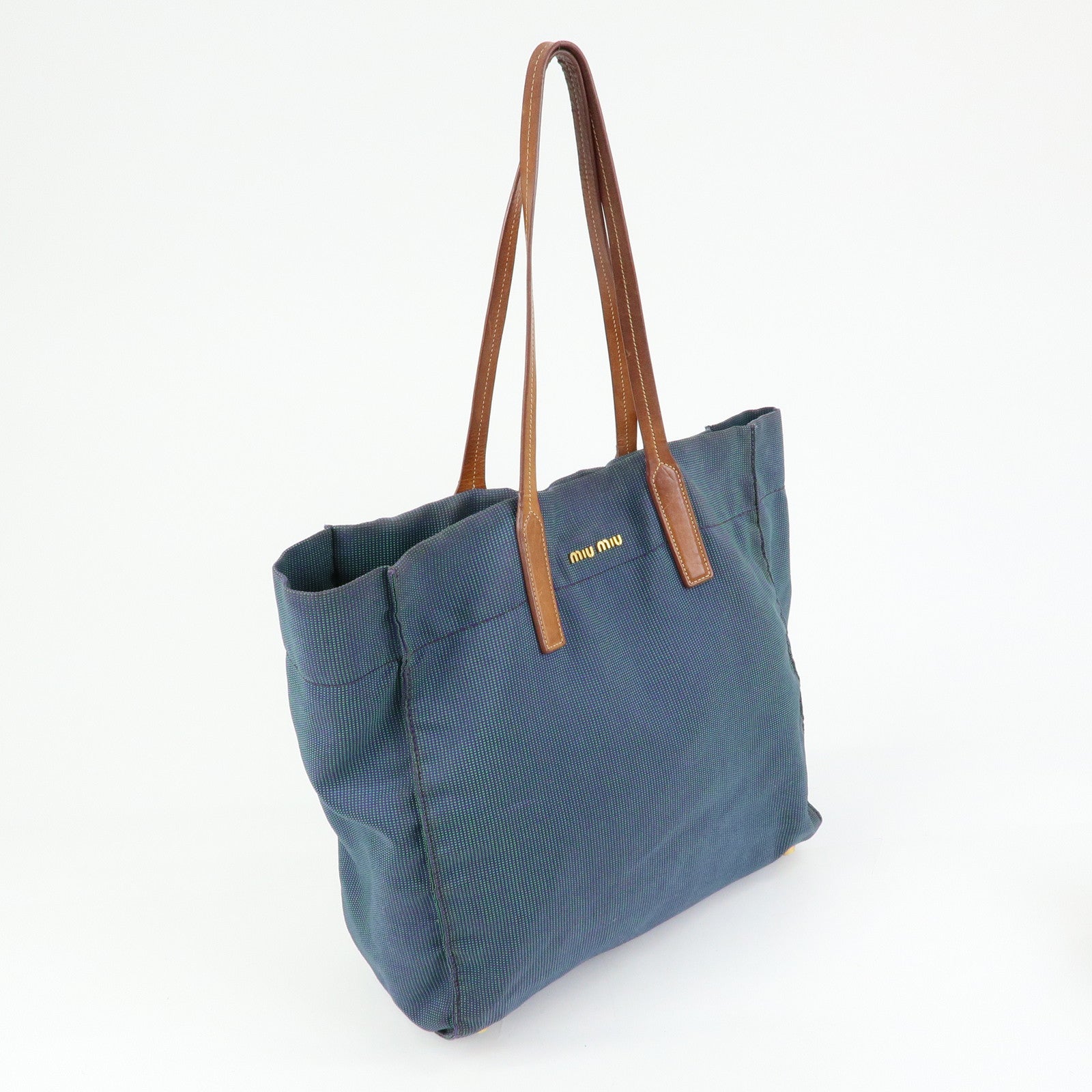 MIU MIU Logo Canvas Leather Tote Bag Shoulder Bag Blue Brown