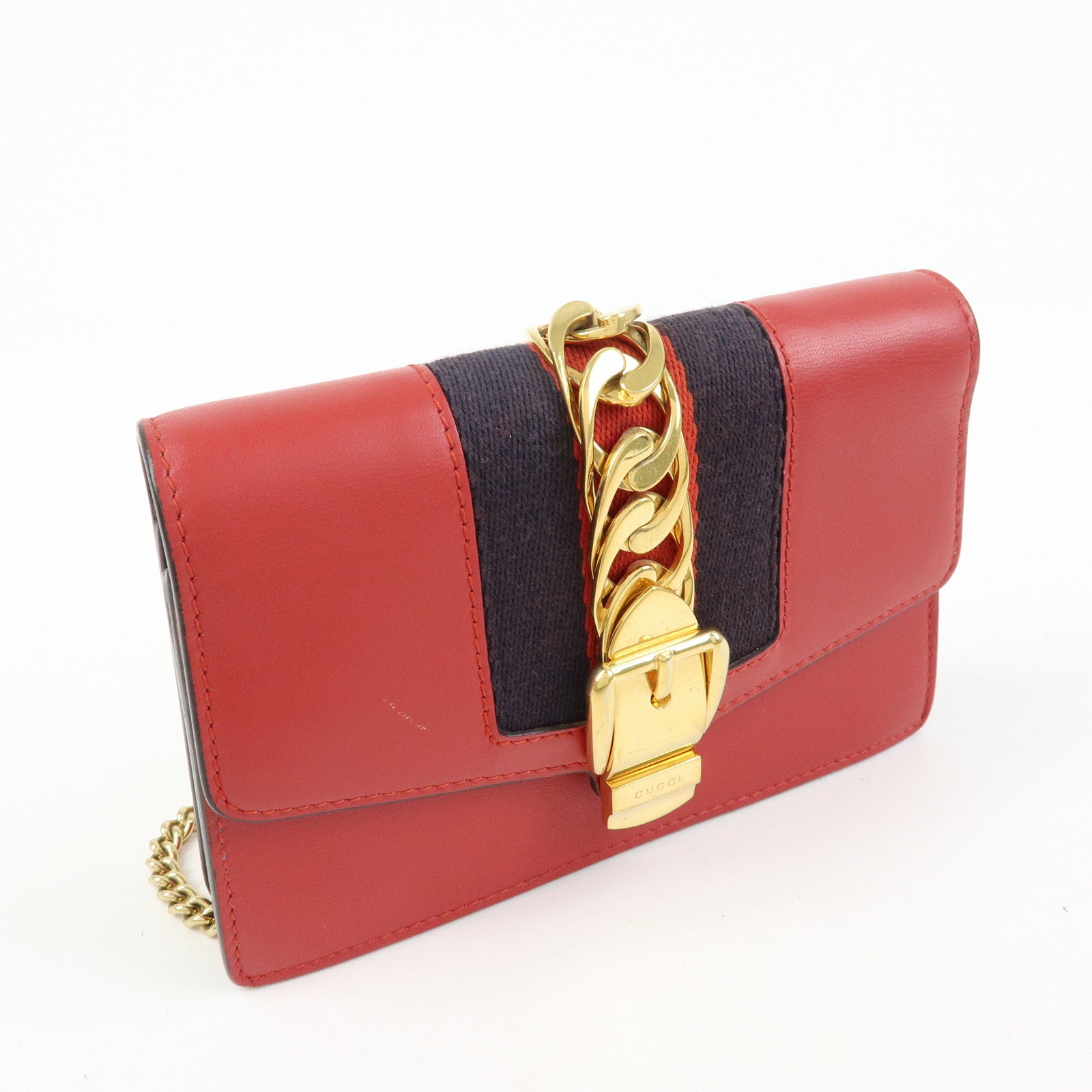 GUCCI Sylvie Sherry Leather Chain Mini Shoulder Bag Red Navy 494646