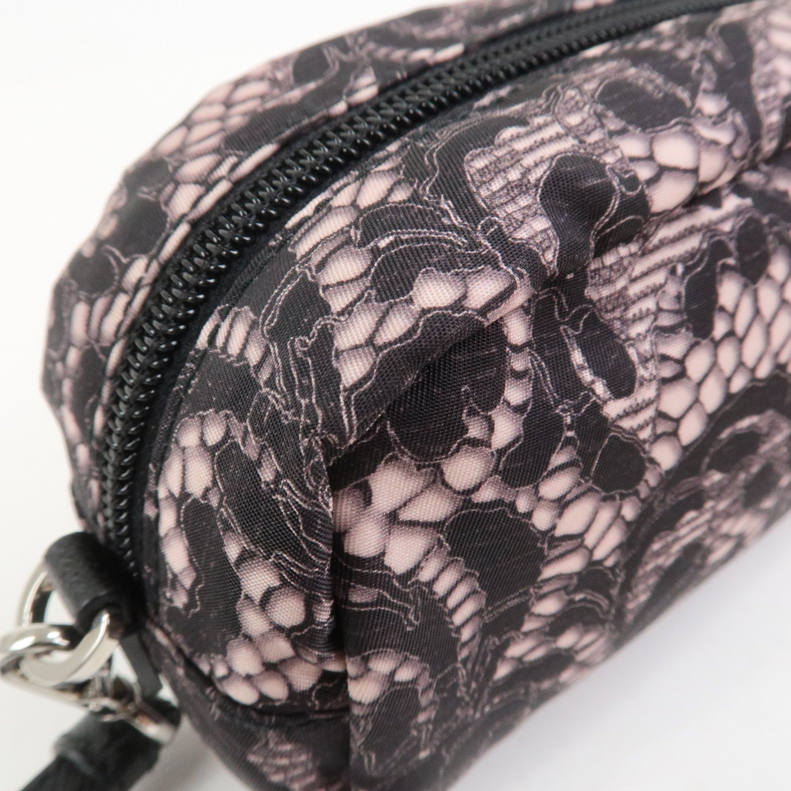 PRADA Triangle Logo Lace Nylon Leather Cosmetic Pouch Black 1NE175