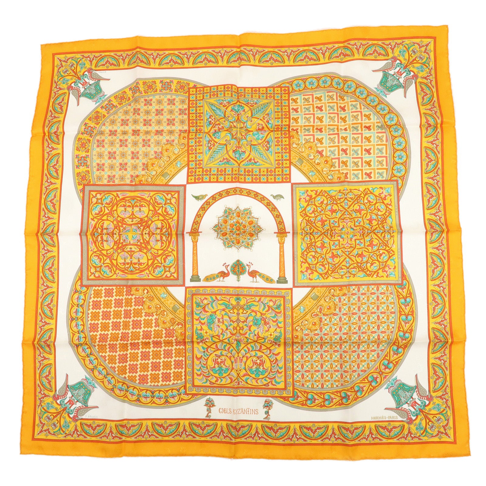 HERMES Carre 90 Silk 100% Scarf CIELS BYZANTINS Orange White