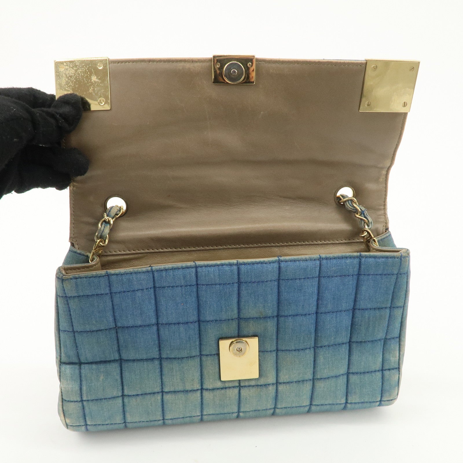 CHANEL COCO Mark Wide Stitch Chocolate Bar Chain Shoulder Bag Blue Gold Used