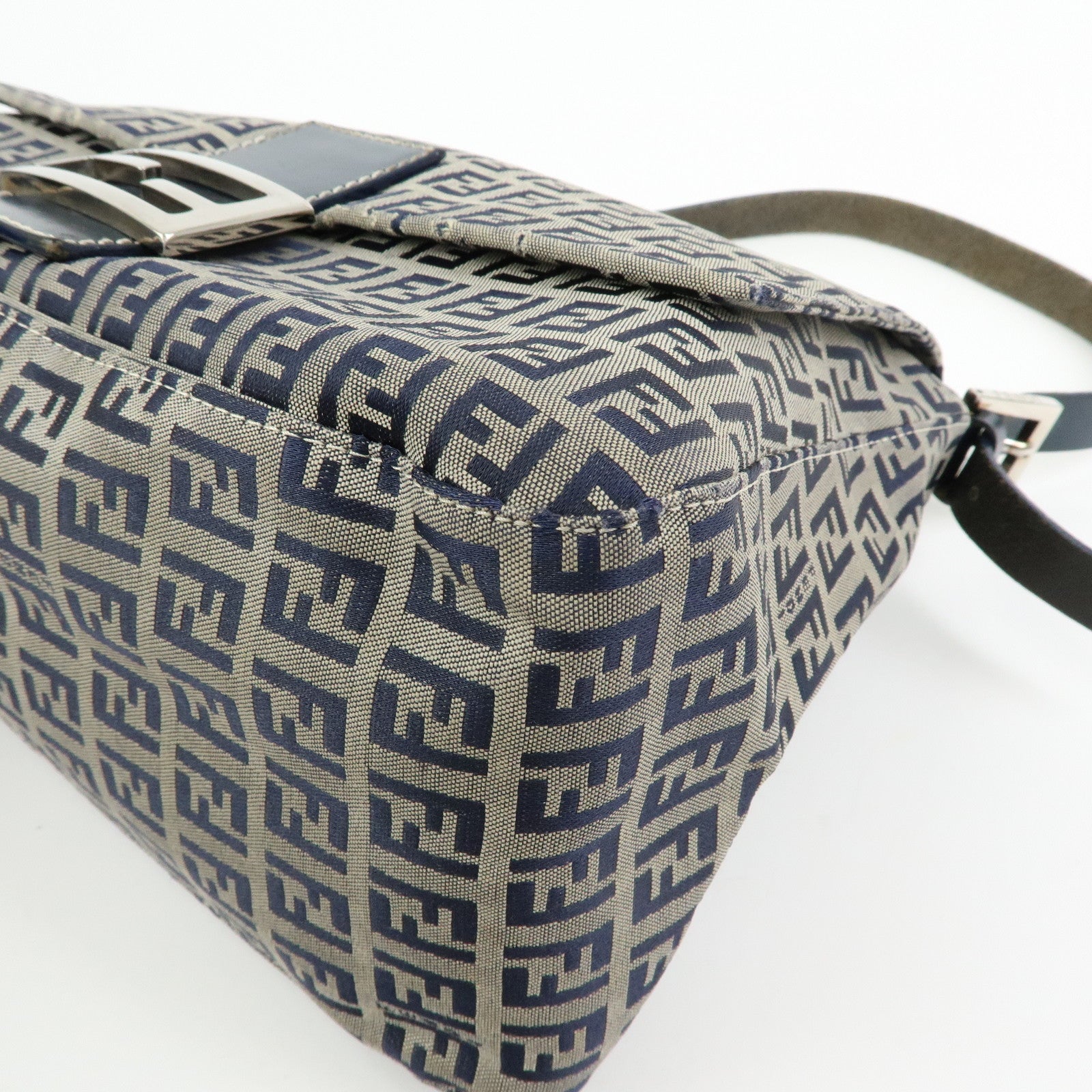 FENDI Mamma Baguette Zucchino Canvas Shoulder Bag Navy 26325