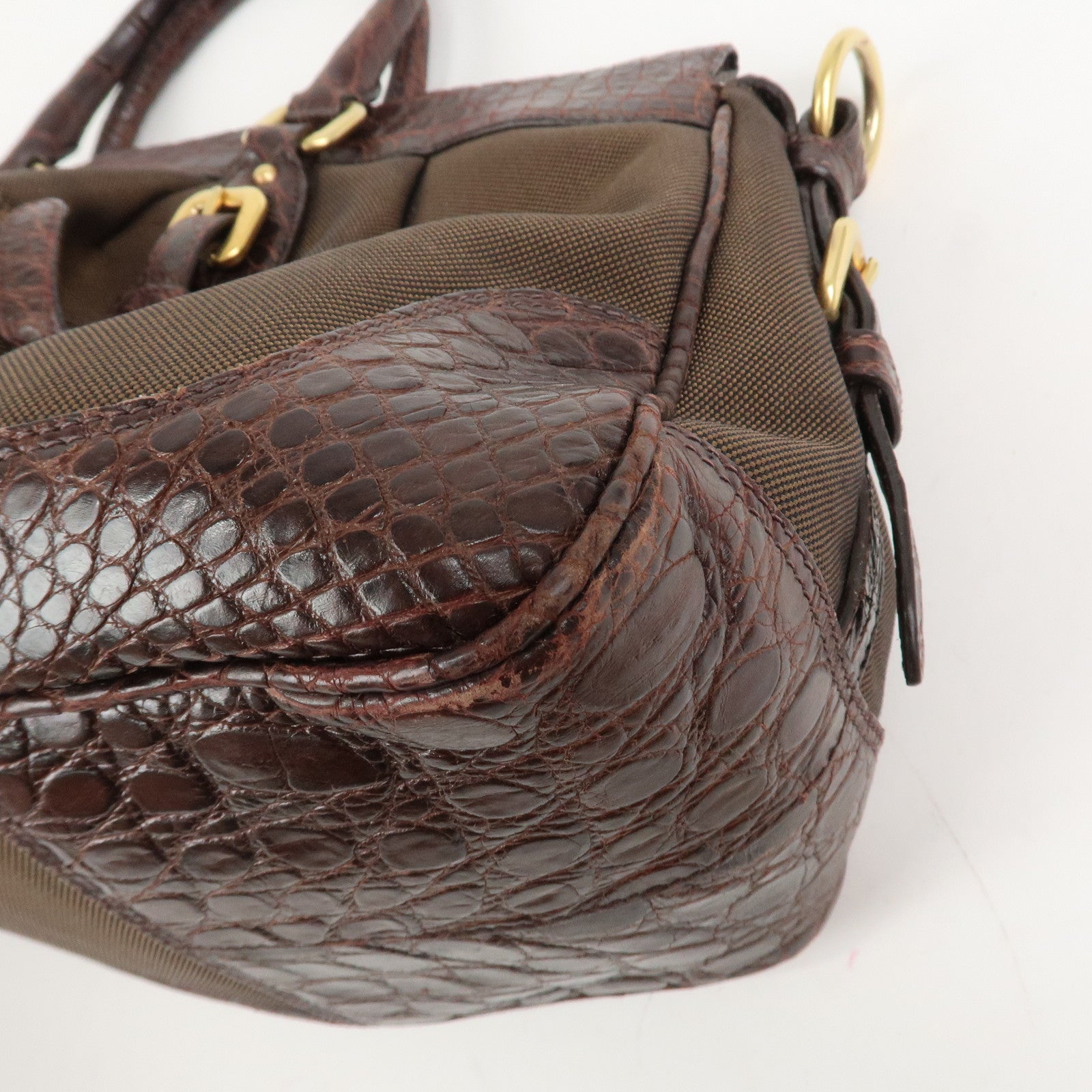PRADA Logo Canvas Embossed Leather 2Way Shoulder Bag Hand Bag Brown