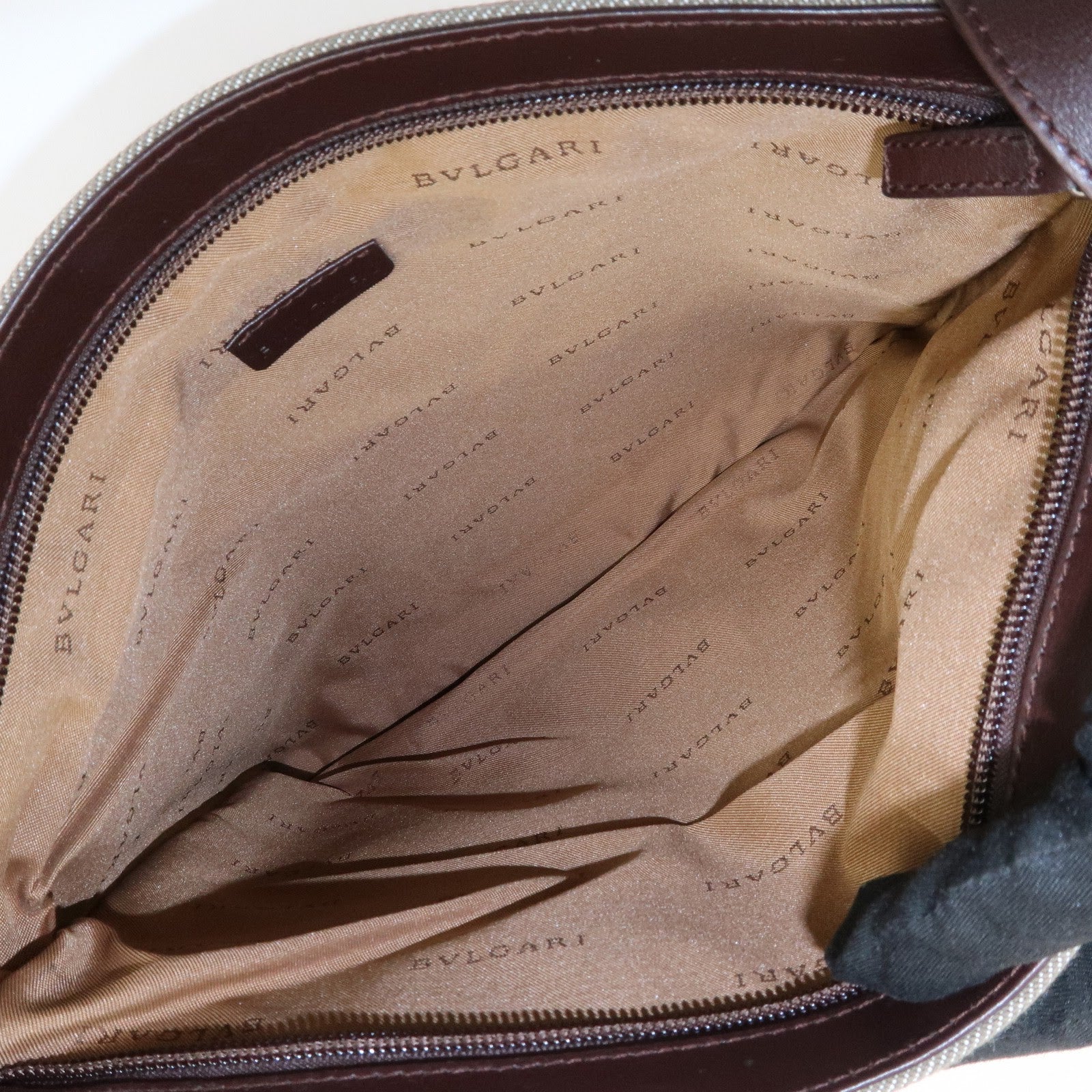 BVLGARI Logo Mania Leather Canvas Shoulder Bag Khaki Dark Brown Used