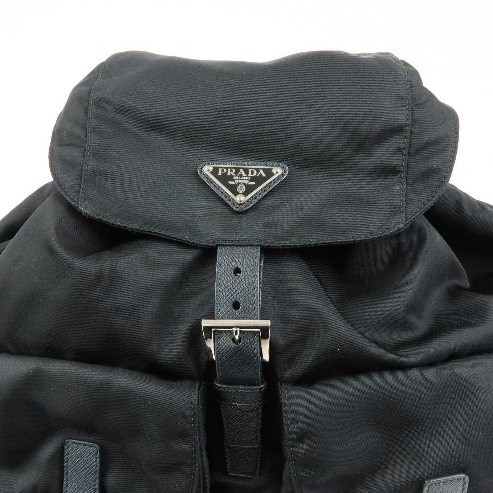 PRADA Triangle Logo Nylon Saffiano leather Backpack Rucksuck Black