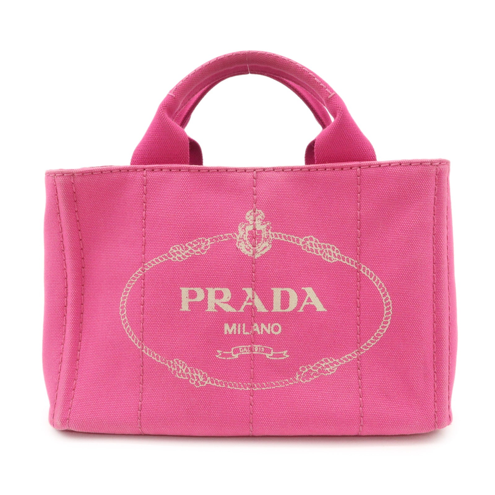 PRADA Logo Canapa Mini Canvas Tote Bag Hand Bag Pink BN2439 Used