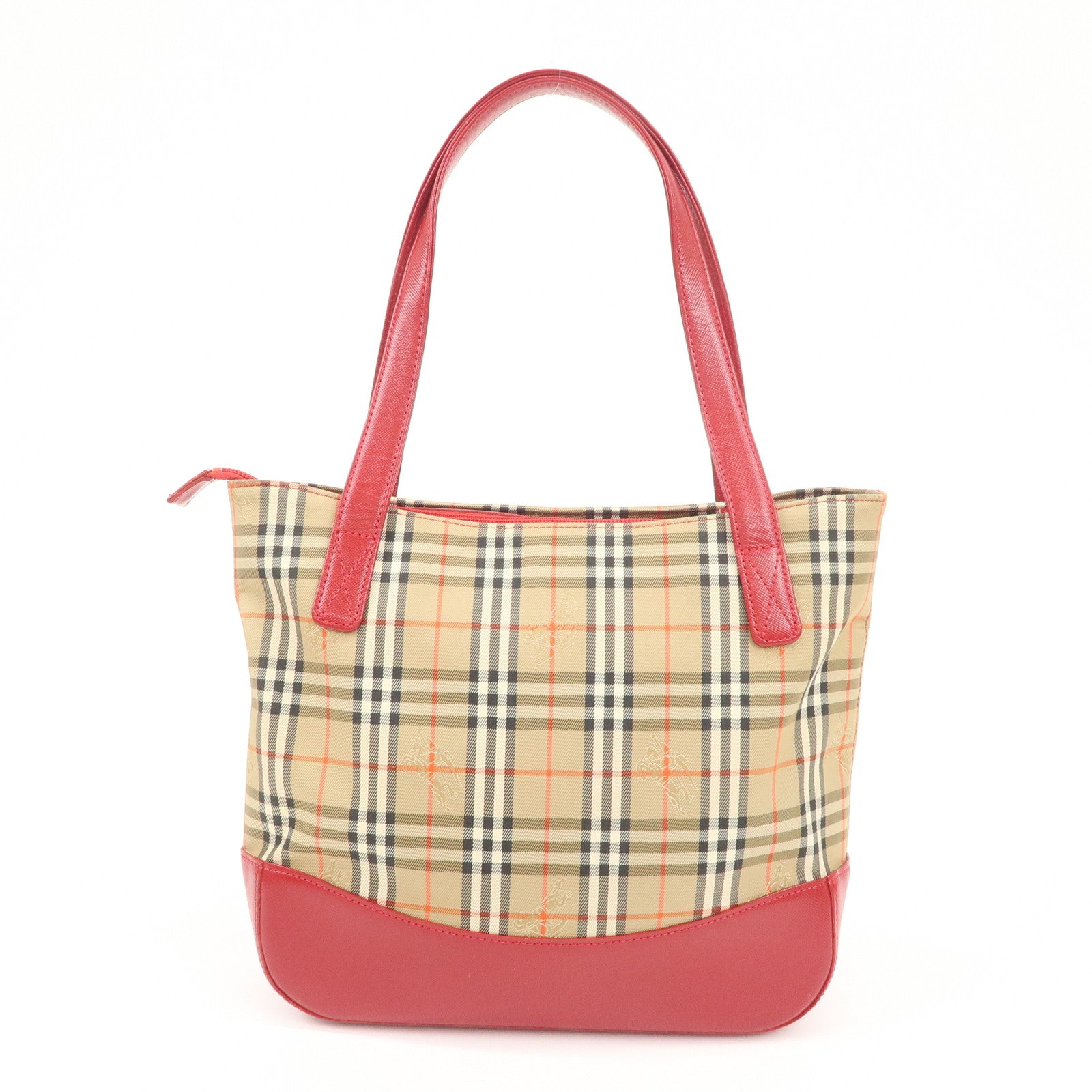 BURBERRY Leather Canvas Tote Bag Hand Bag Nova Plaid Red Beige Used