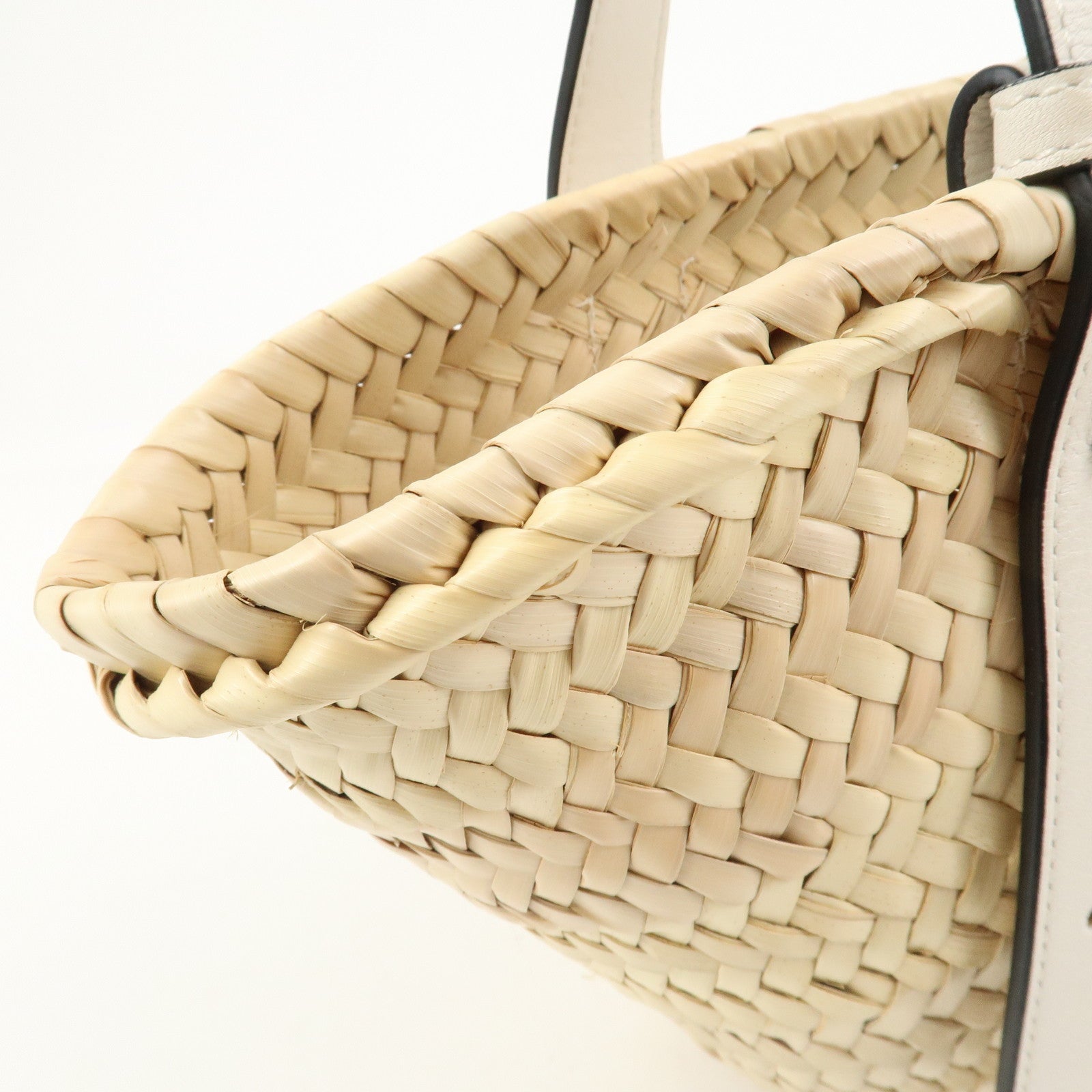 LOEWE Raffia Leather Small Basket Bag Hand Bag Natural White