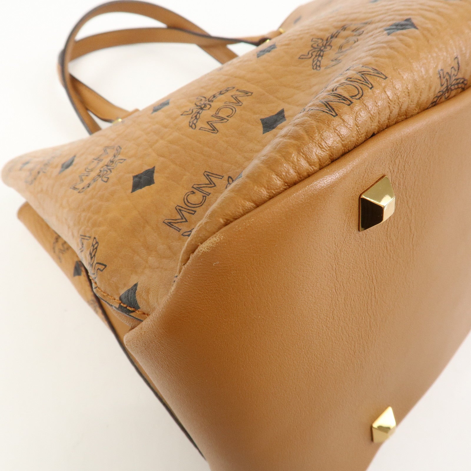 MCM Visetos PVC Leather 2Way Bag Hand Shoulder Bag Studs Cognac