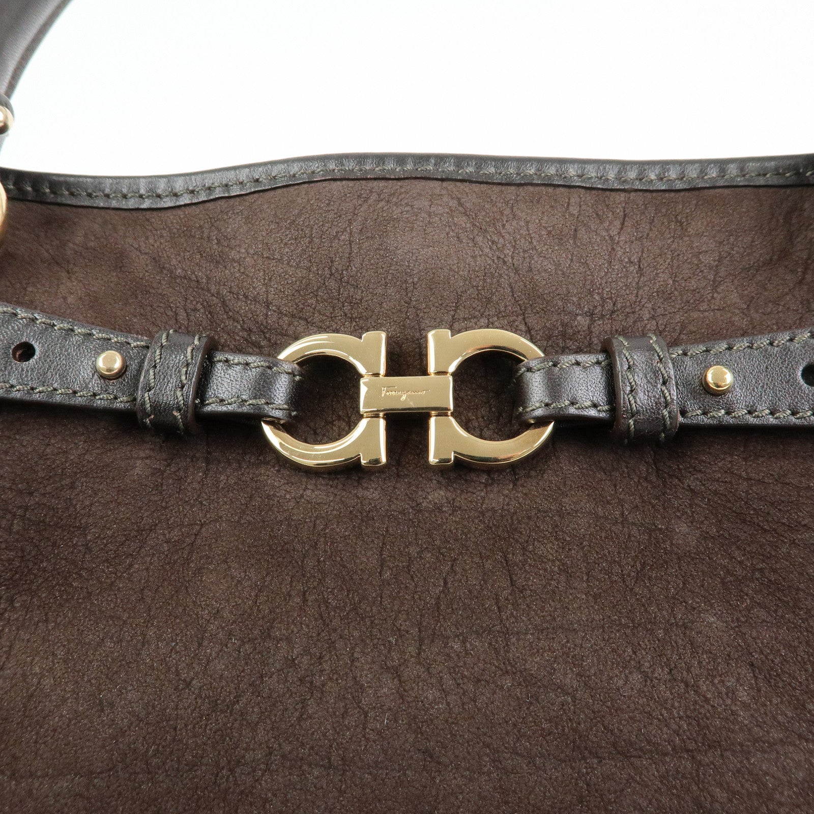 Ferragamo Gancini Suede Leather Tote Bag Hand Bag Brown