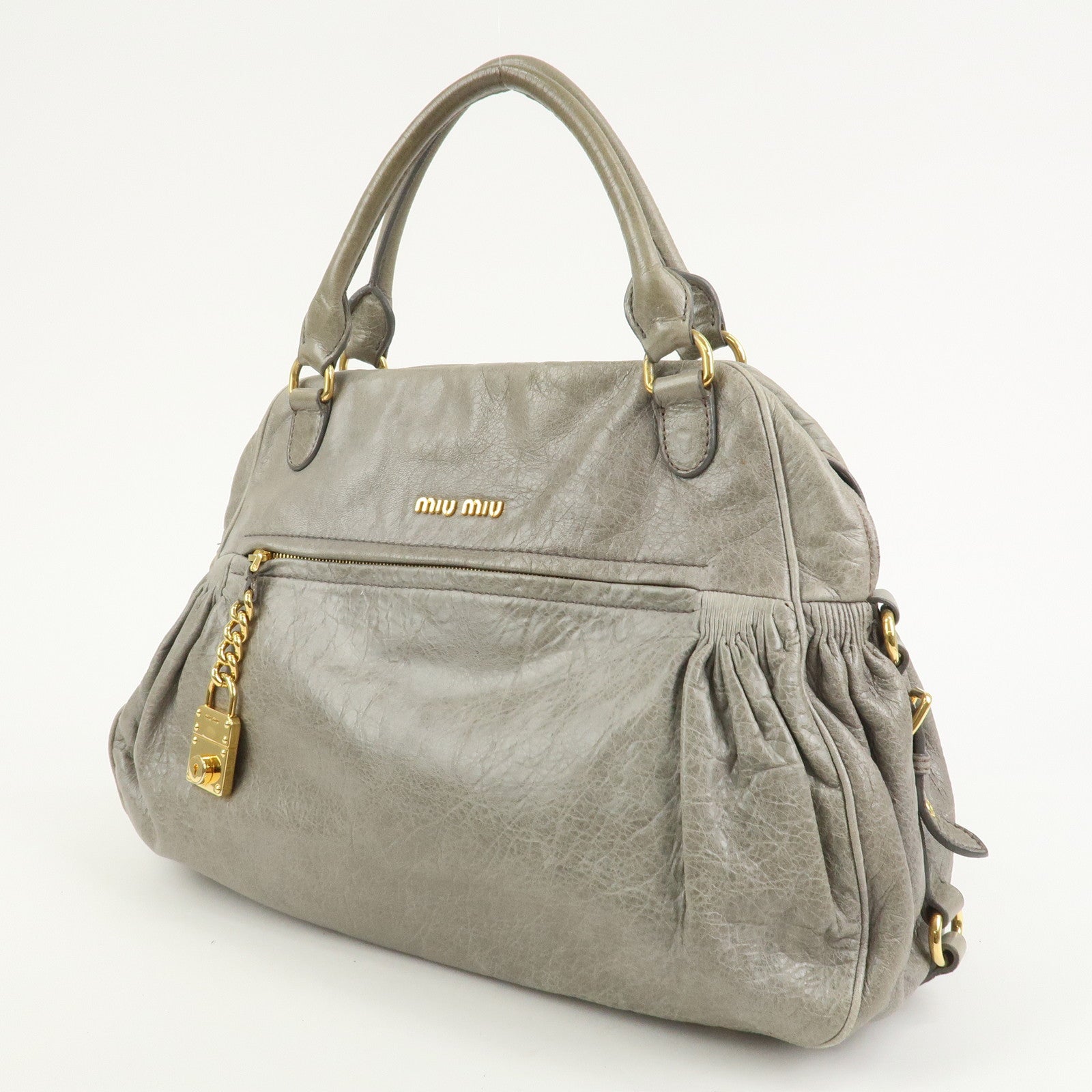 MIU MIU Logo Leather Hand Bag Shoulder Bag Gray