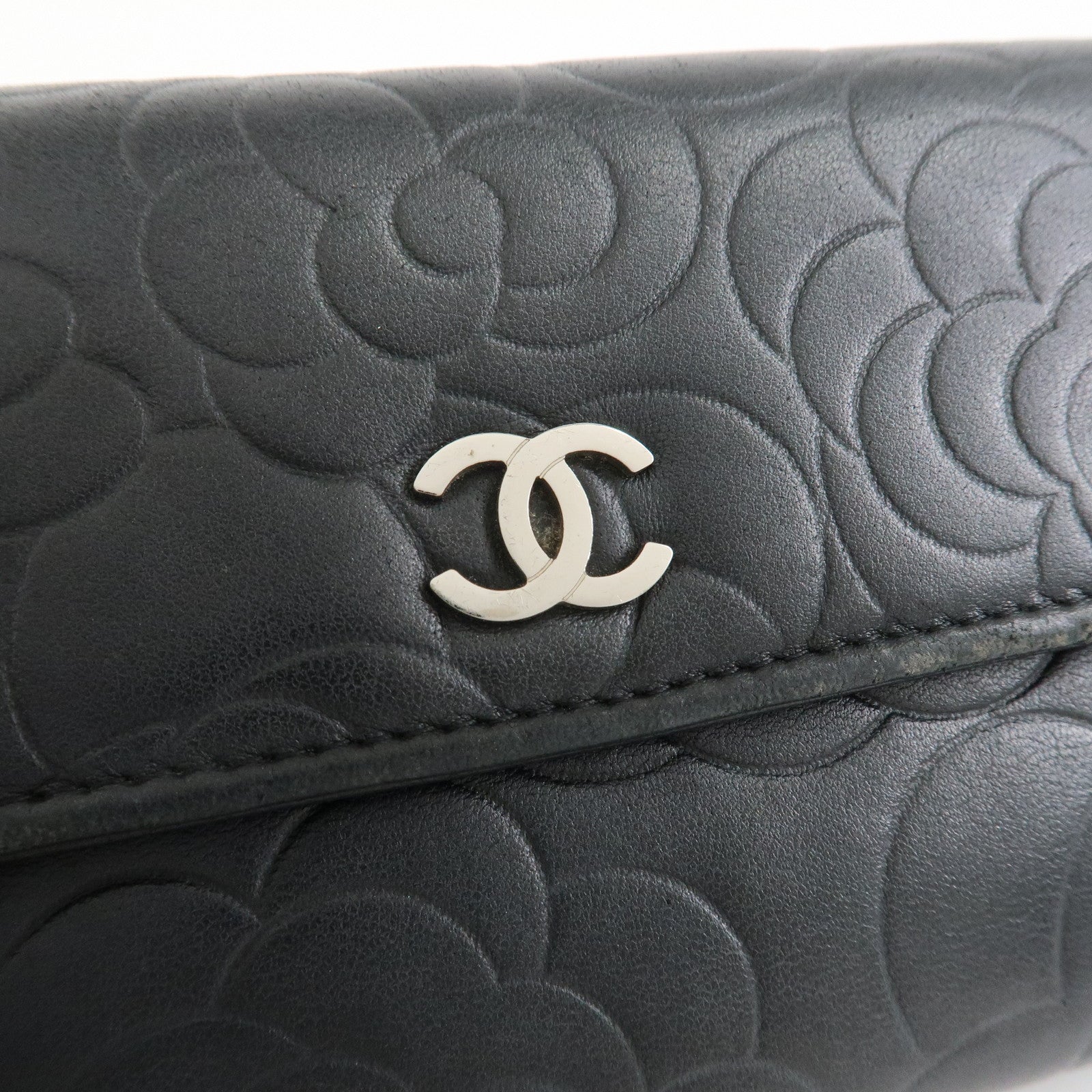 CHANEL Camellia Lambskin Long Wallet Black Silver