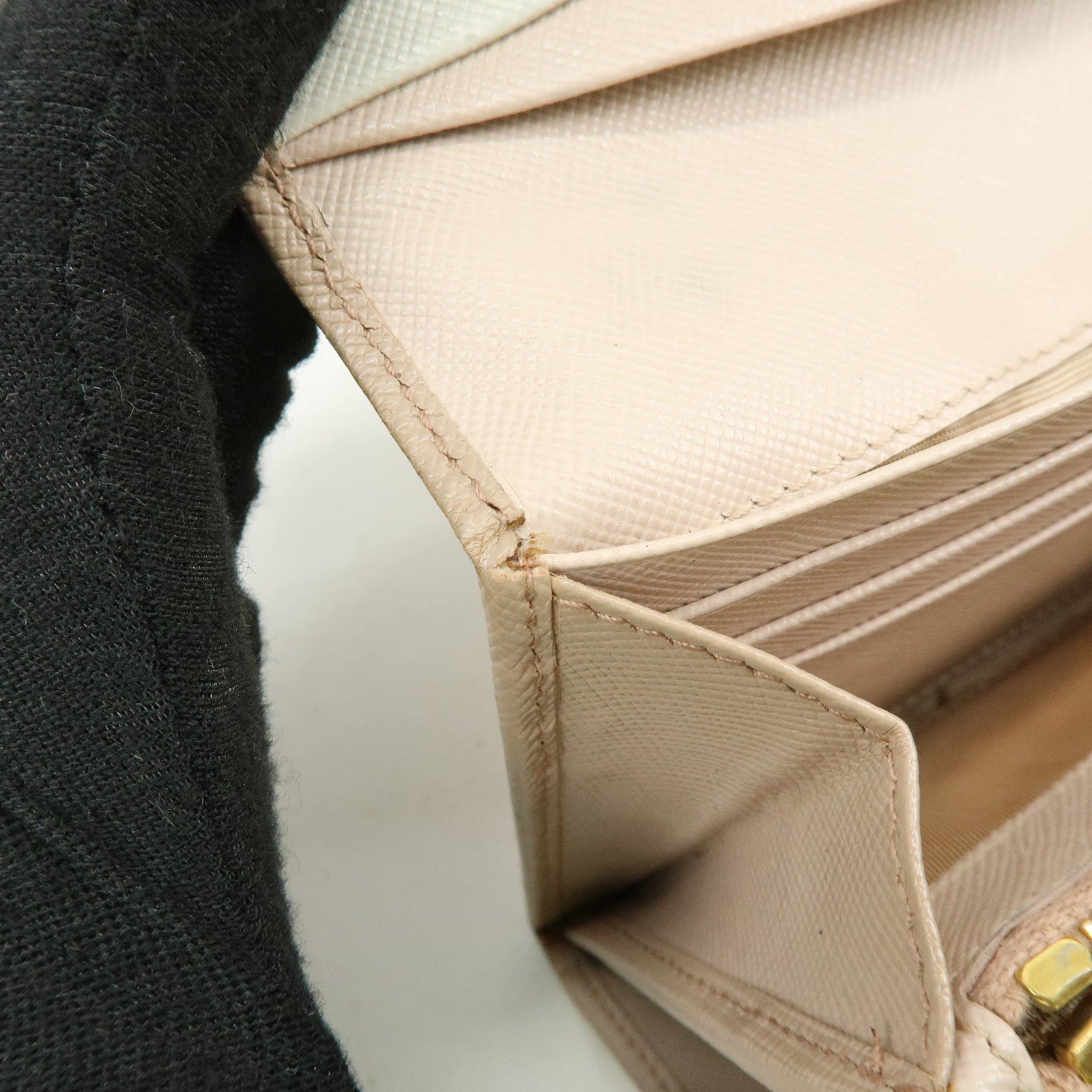 PRADA Logo Saffiano Leather Flap Bi-Fold Long Wallet Beige