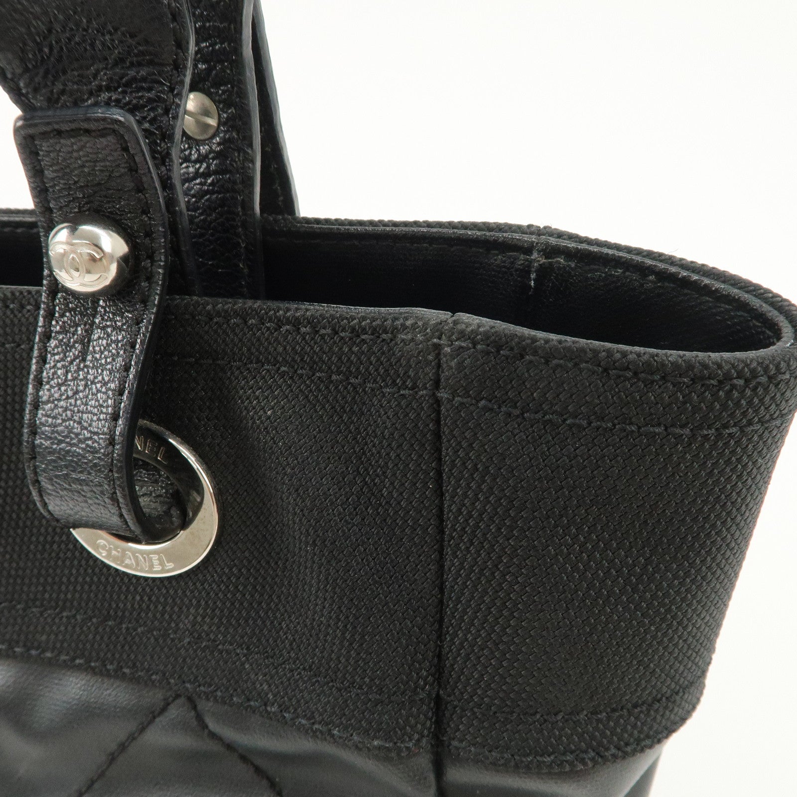 CHANEL Paris Biarritz PM Coated Canvas Leather Tote Bag Black A34208 Used