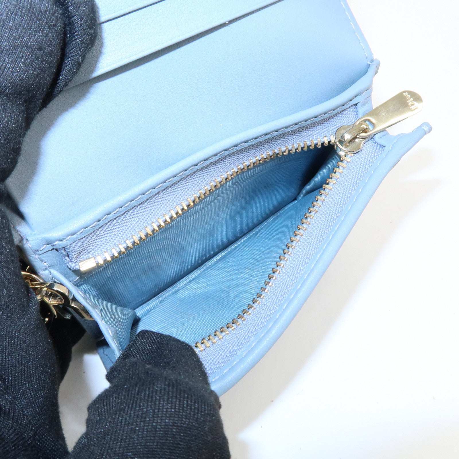 Christian Dior Cannage Leather Gardenia Wallet Gold Charm Blue Used