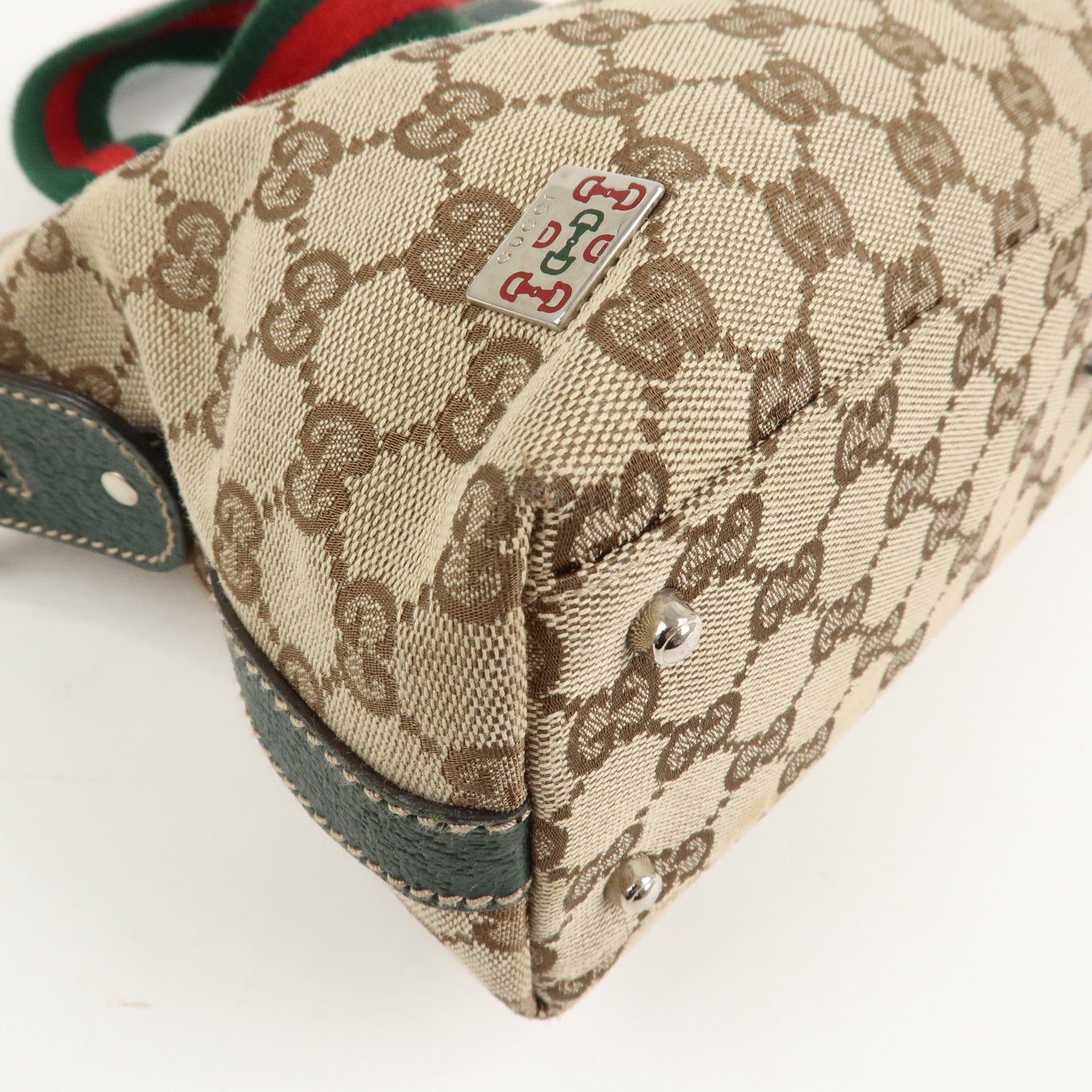 GUCCI Sherry GG Canvas Leather Hand Bag Beige Green 145759