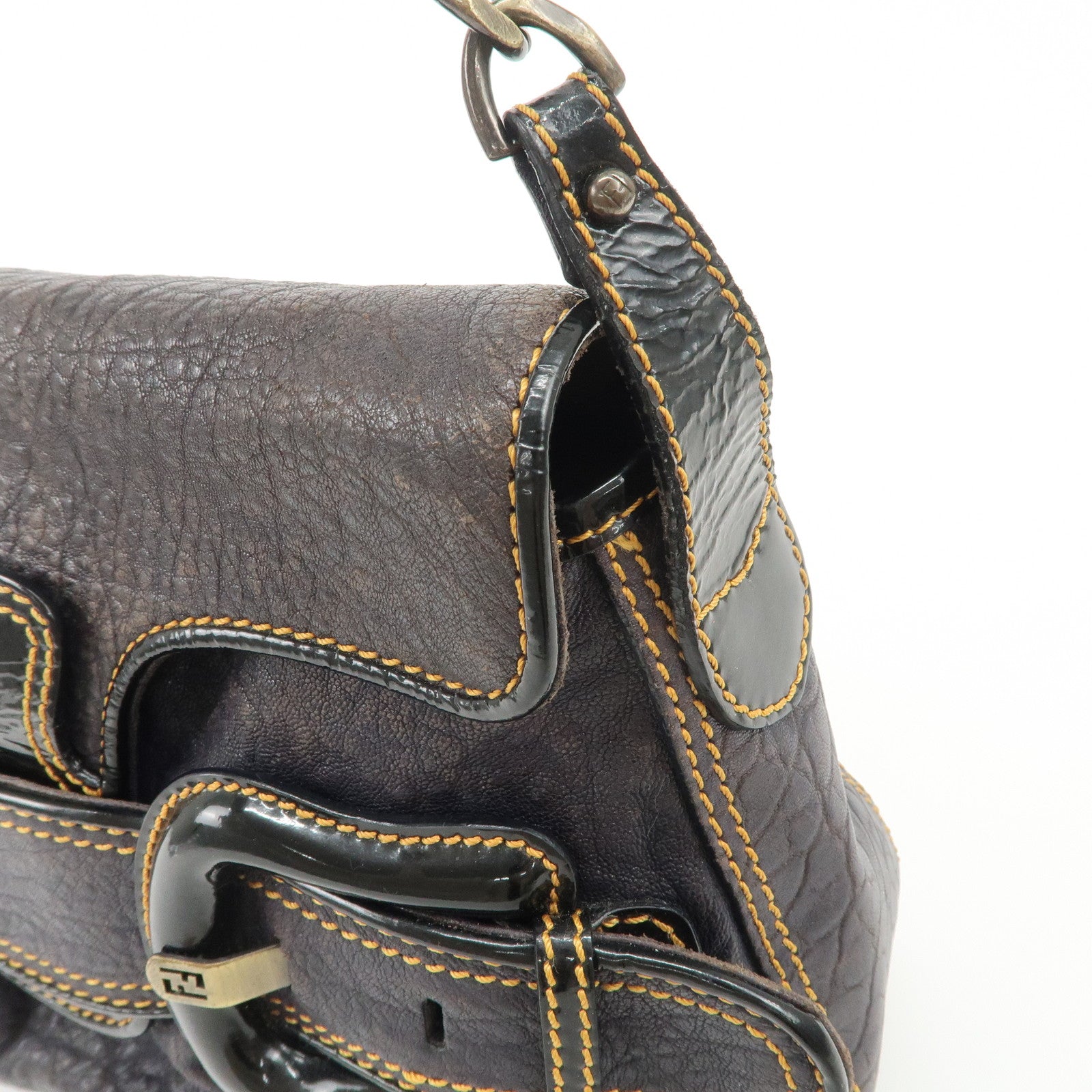 FENDI Leather Patent Leather shoulder Bag Belt Navy 8BR551