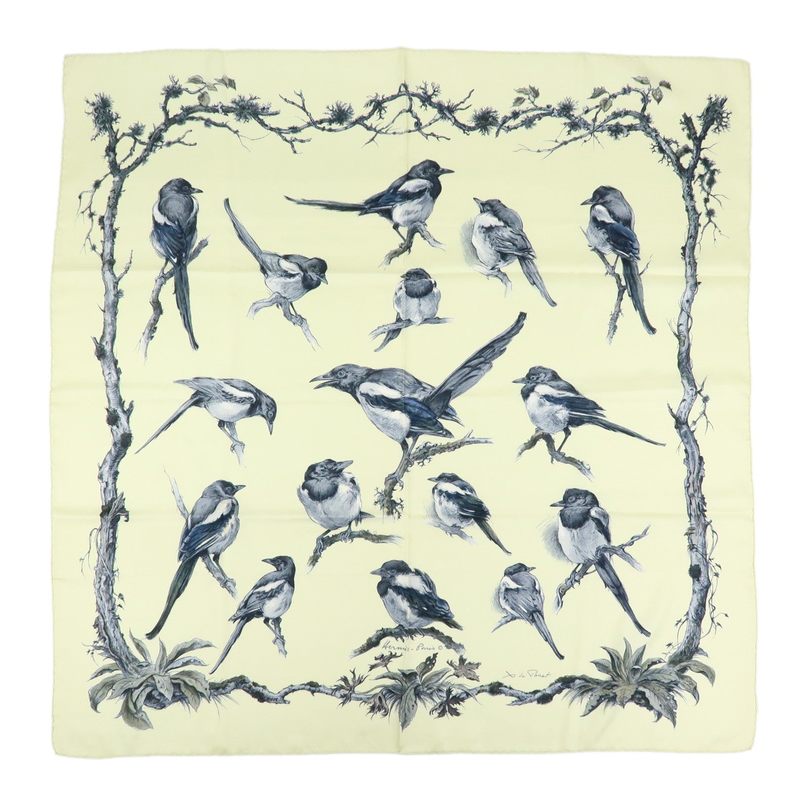 HERMES Carre 90 Silk 100% Scarf Les Pies Ivory Grey