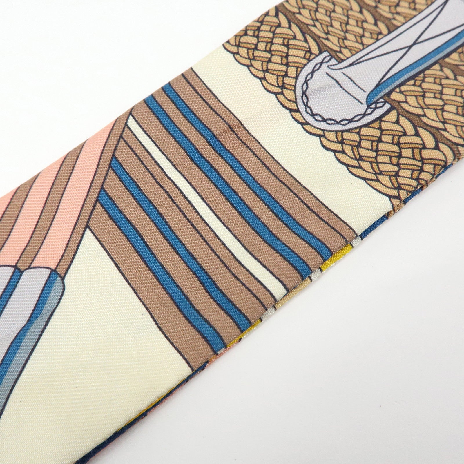 HERMES 100% Silk Twilly Scarf Sangles en Zigzag Orange Blue Ivory