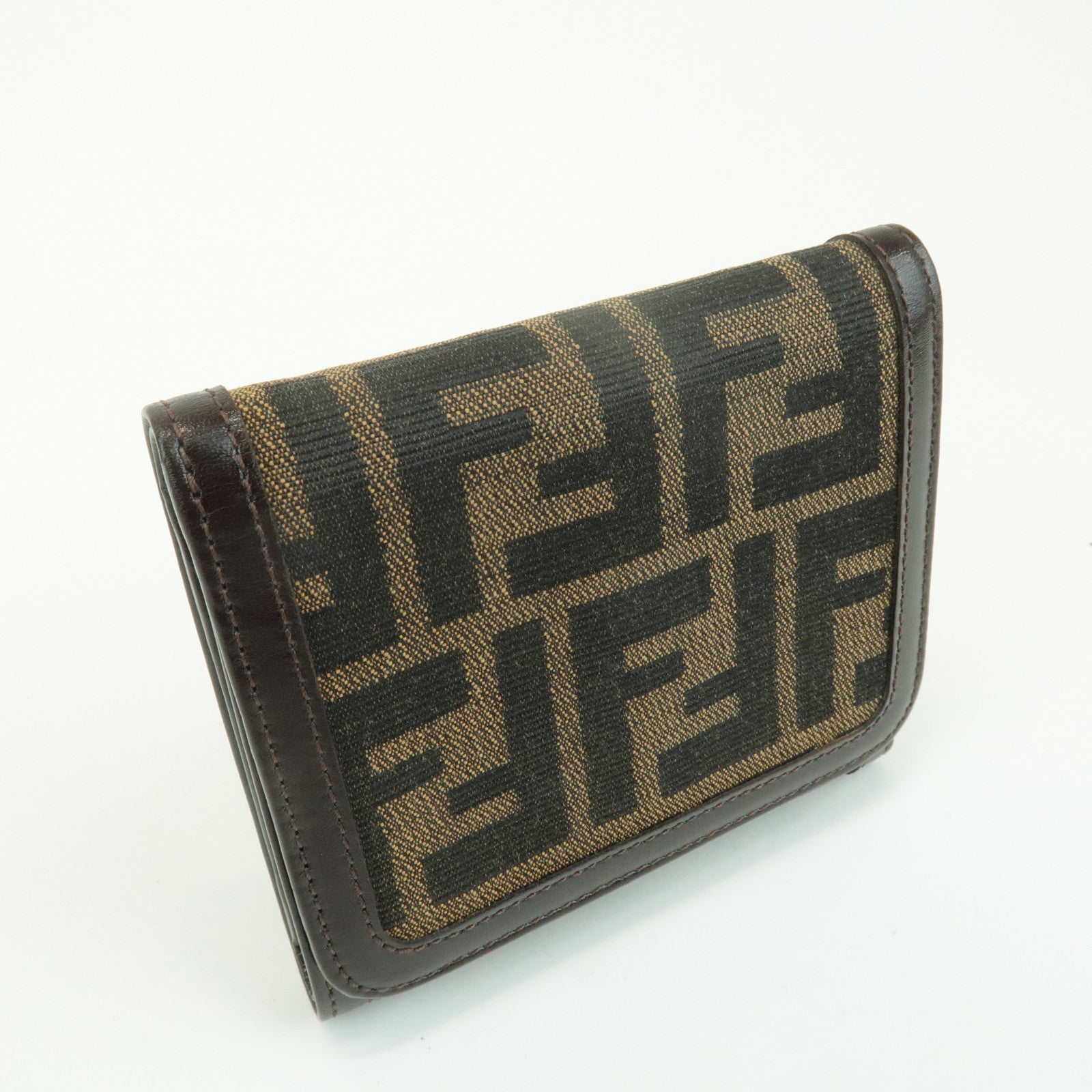 FENDI Zucca Leather Canvas Tri-fold Wallet Black Brown 30794 Used