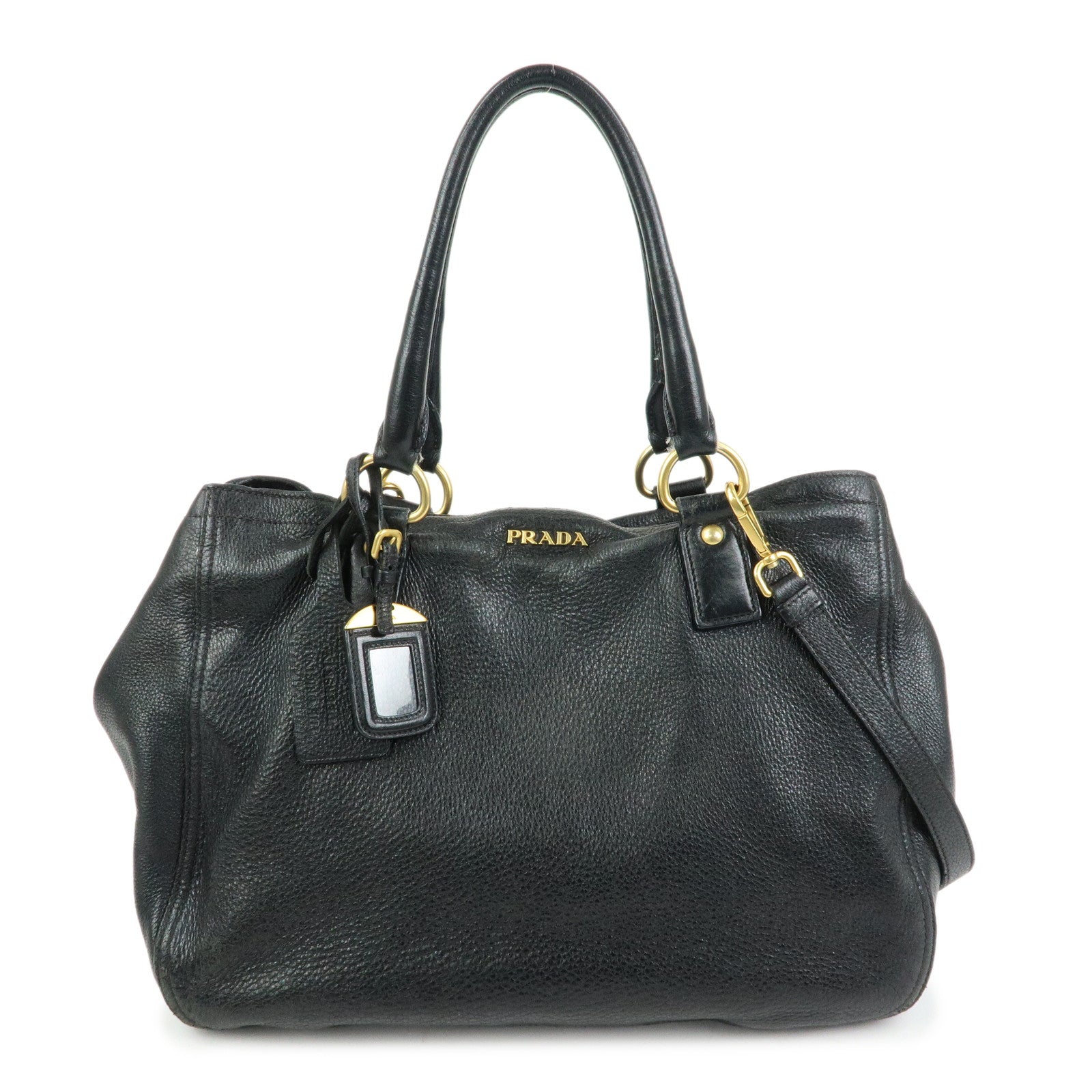 PRADA Logo Leather 2Way Bag Hand Bag Shoulder Bag Black BR4083