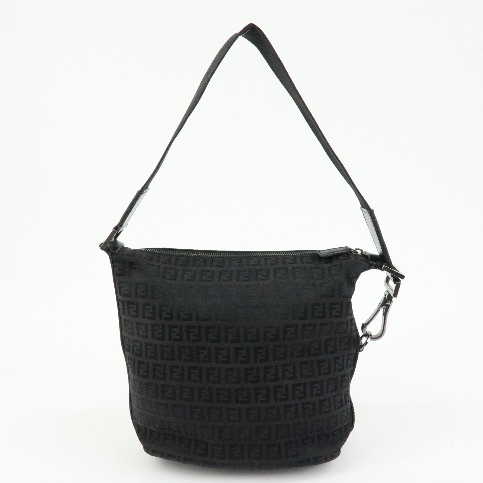 FENDI Zucchino Canvas Leather Shoulder Bag Black 7VA004