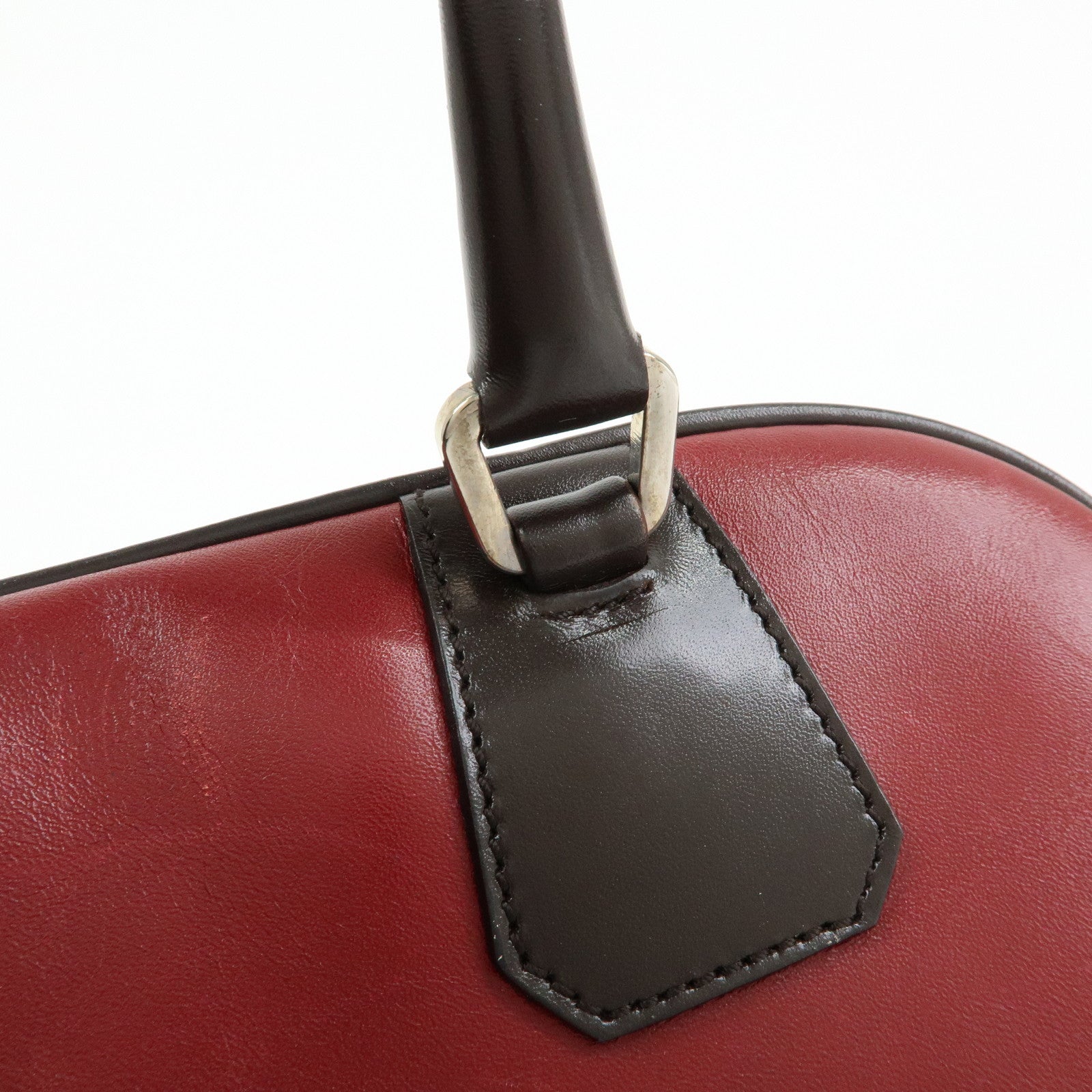 PRADA Leather Bicolor Hand Bag Mini Boston Bag Red Brown