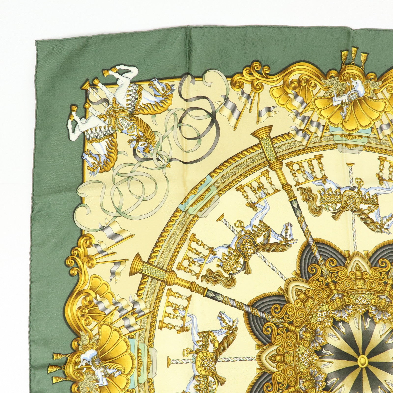 HERMES Carre 90 Silk 100% Scarf LUNA PARK Carousel Print Gold Green