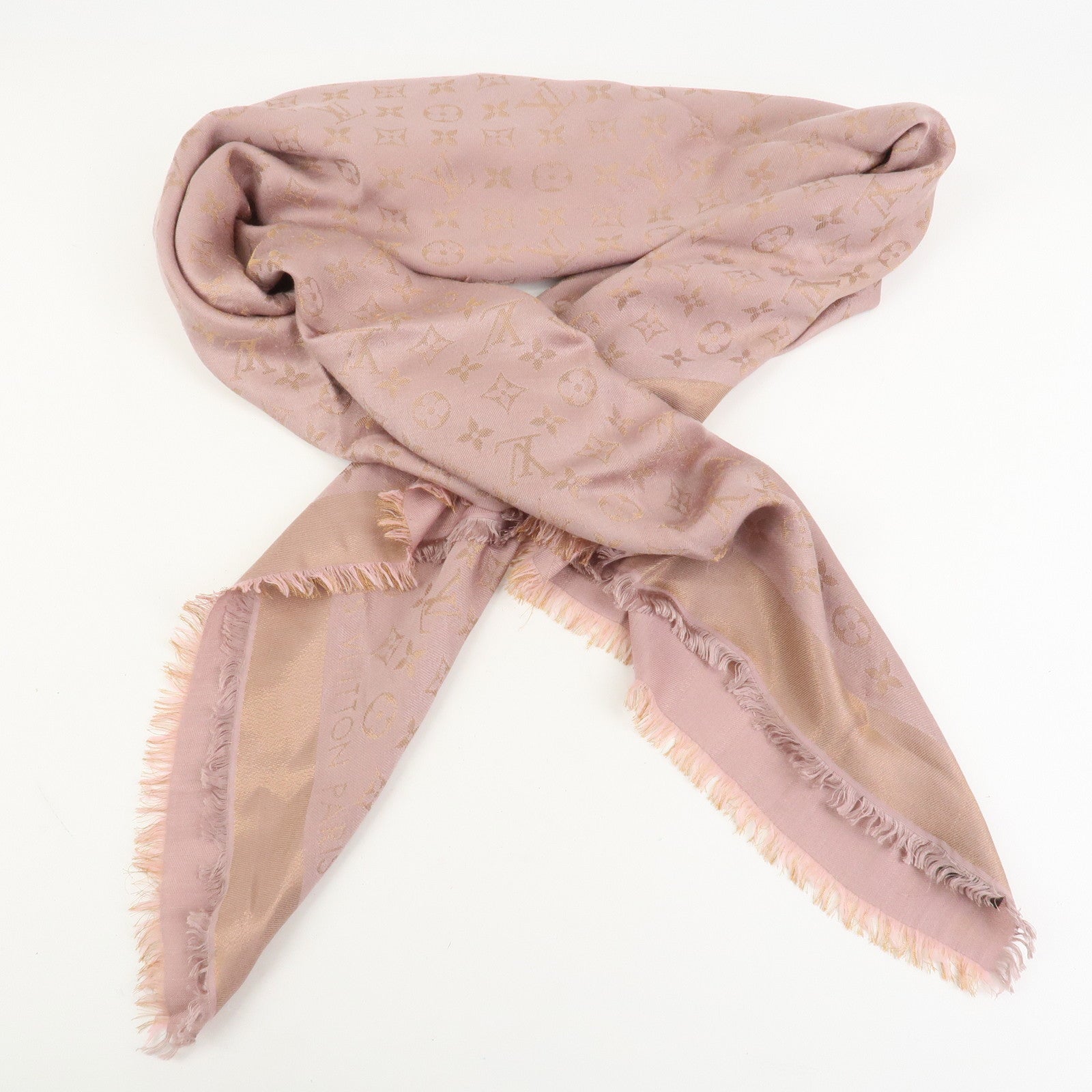 Louis Vuitton Monogram Shine Silk Wool Scarf Shawl Pink M75700