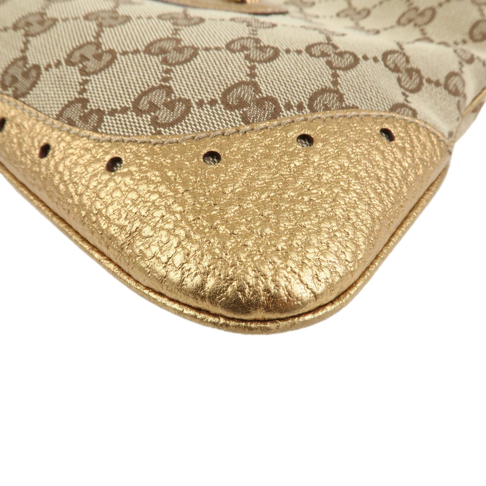 GUCCI GG Monogram Canvas Leather Shoulder Bag Beige Gold 145778
