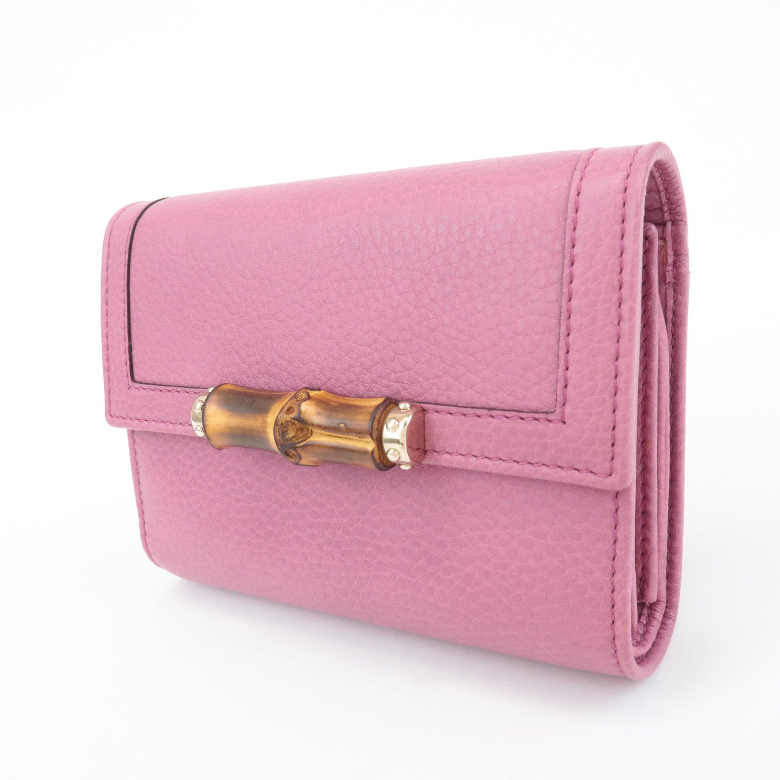 GUCCI Bamboo Leather Tri- Fold Wallet Pink 257017 Used