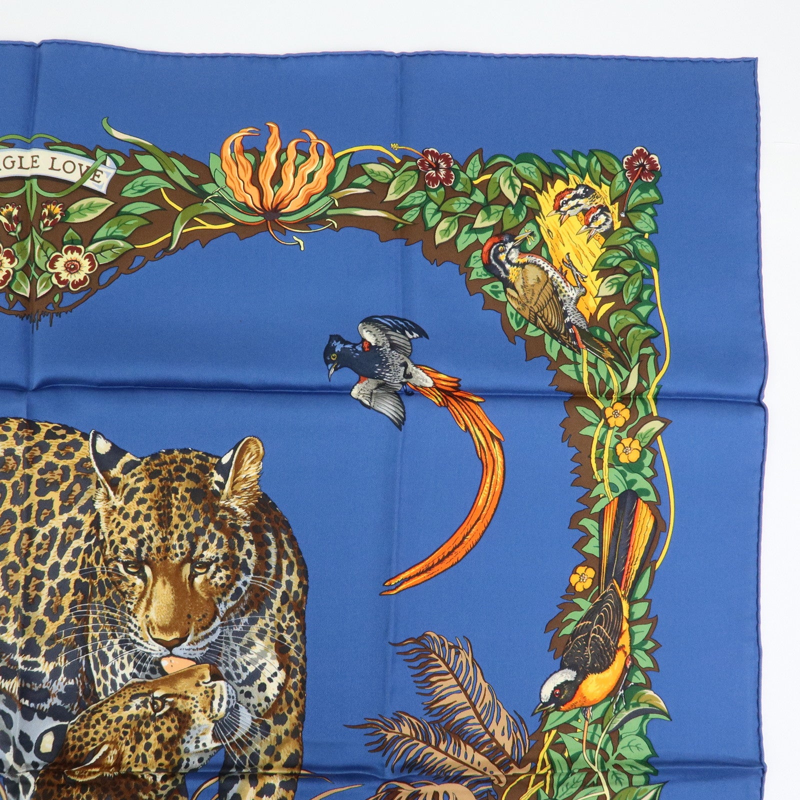 HERMES Carre 90 Silk 100% Scarf JUNGLE LOVE Navy Brown Green