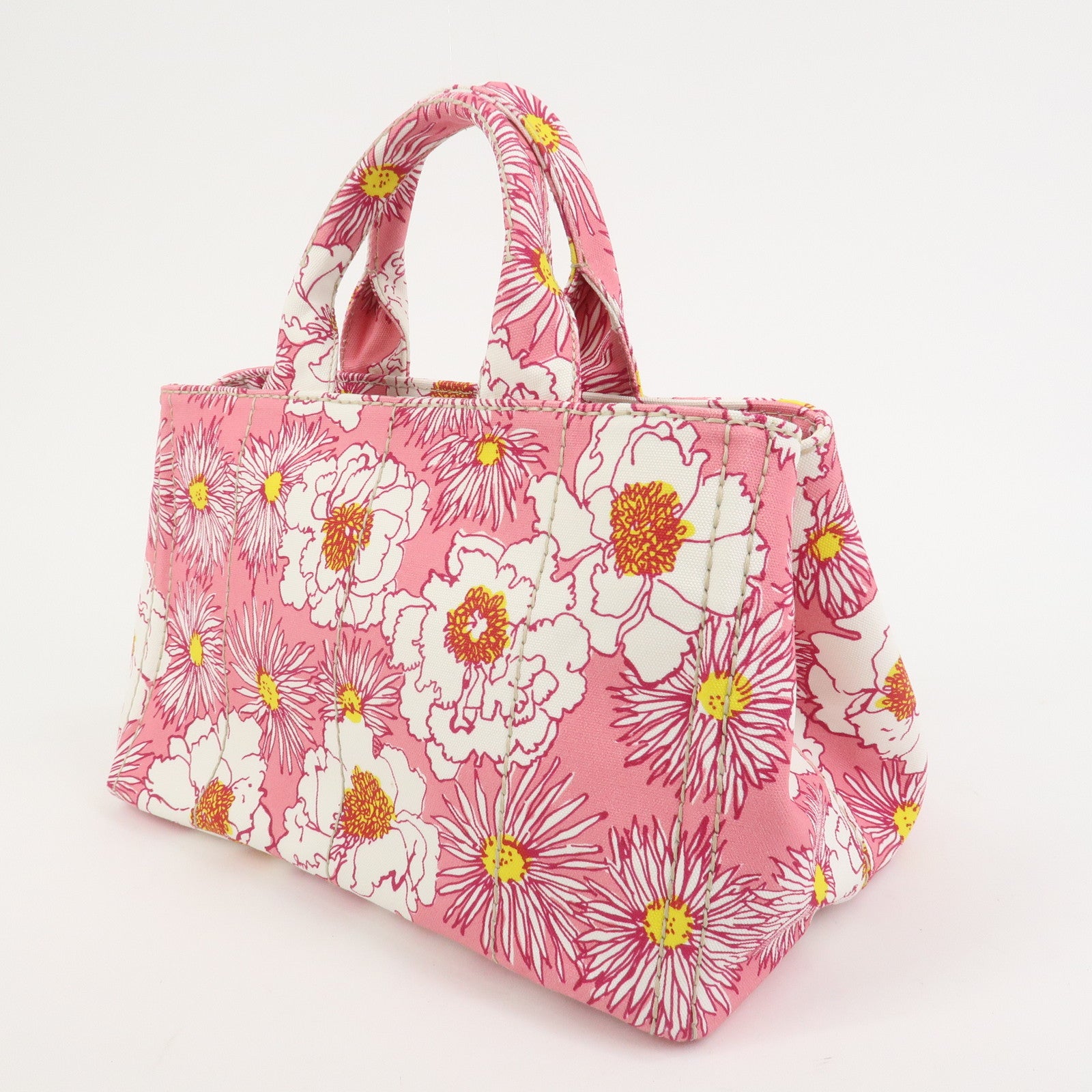 PRADA Canapa Canvas 2Way Bag Hand Bag Flower Print Pink